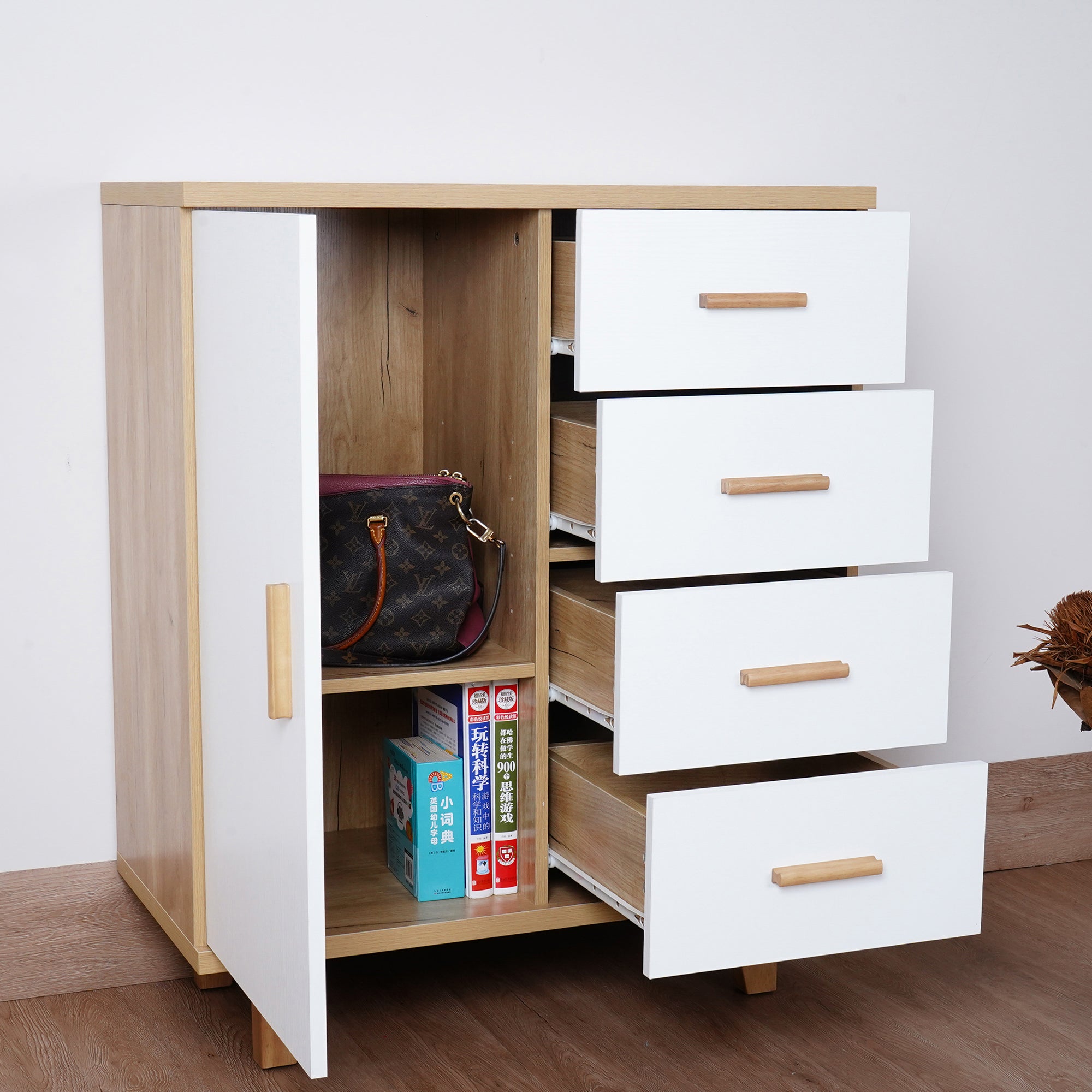 Wood One Door Accent Cabinet with 4 Drawers