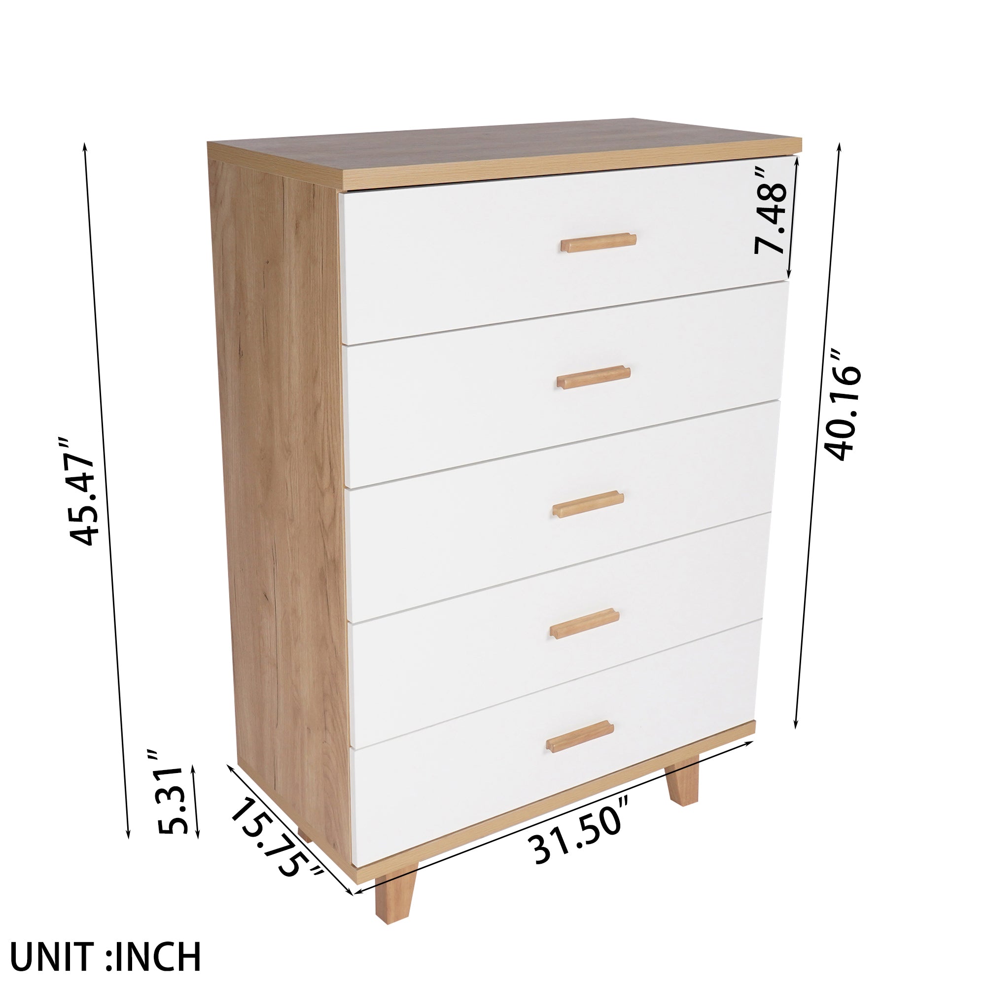 5-Drawer 32" W Wood Chest in Natural&White