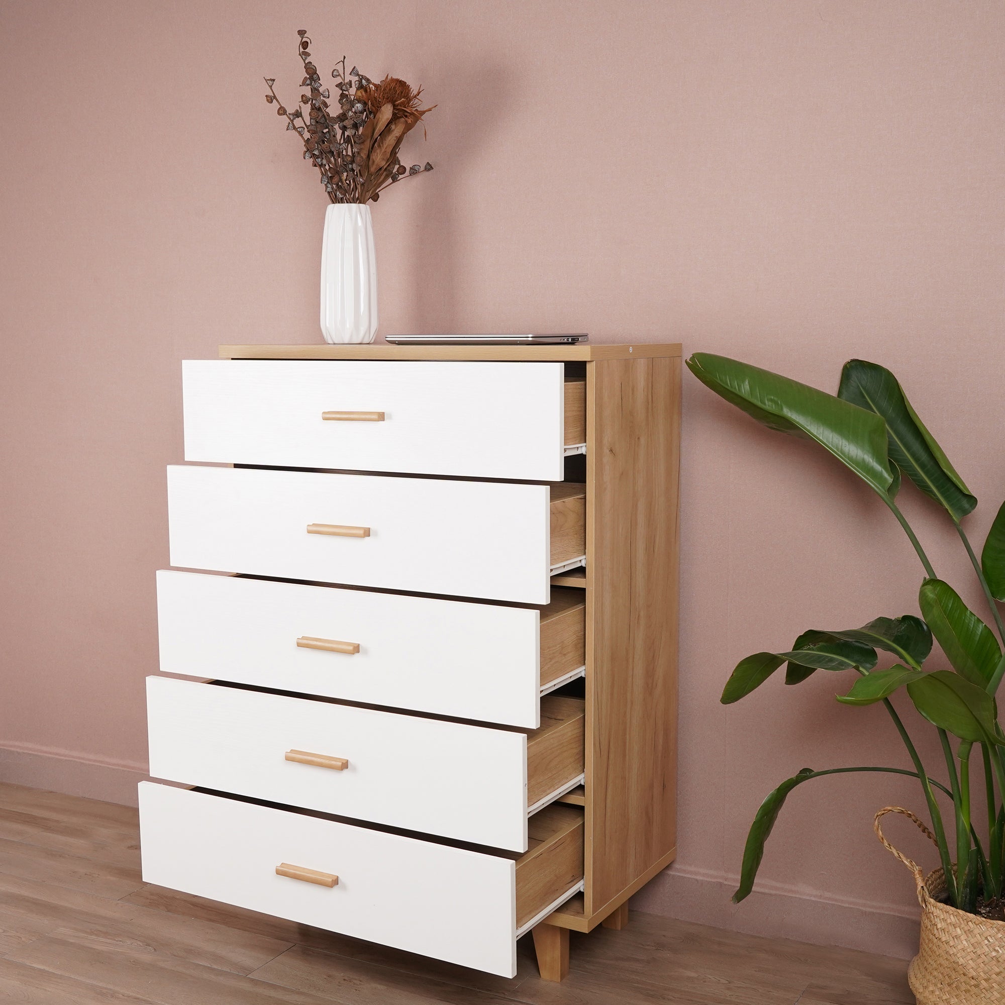 5-Drawer 32" W Wood Chest in Natural&White