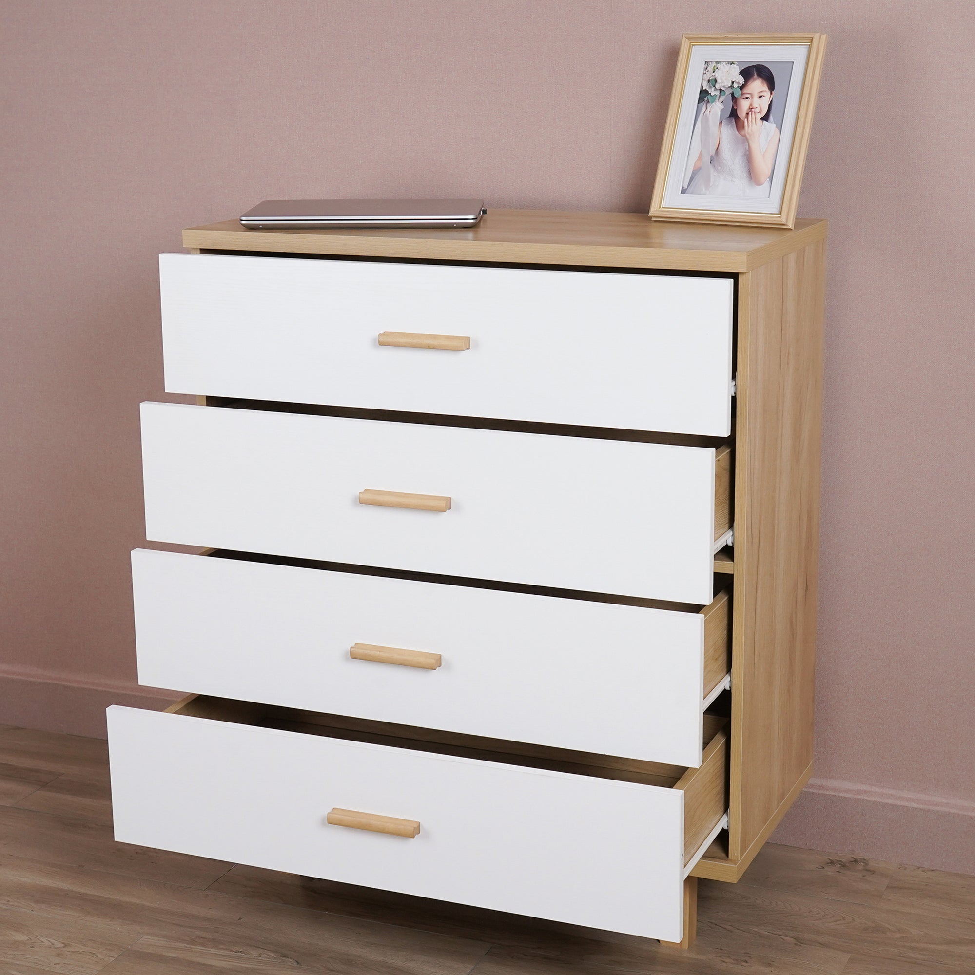 4-Drawer 32" W Wood Chest in Natural&White