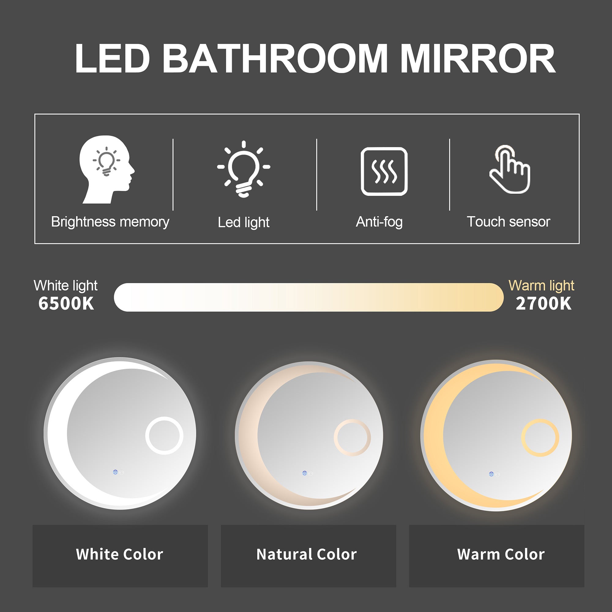 24 in. Round Frameless Anti-Fog Wall Mounted LED Bathroom Vanity Mirror