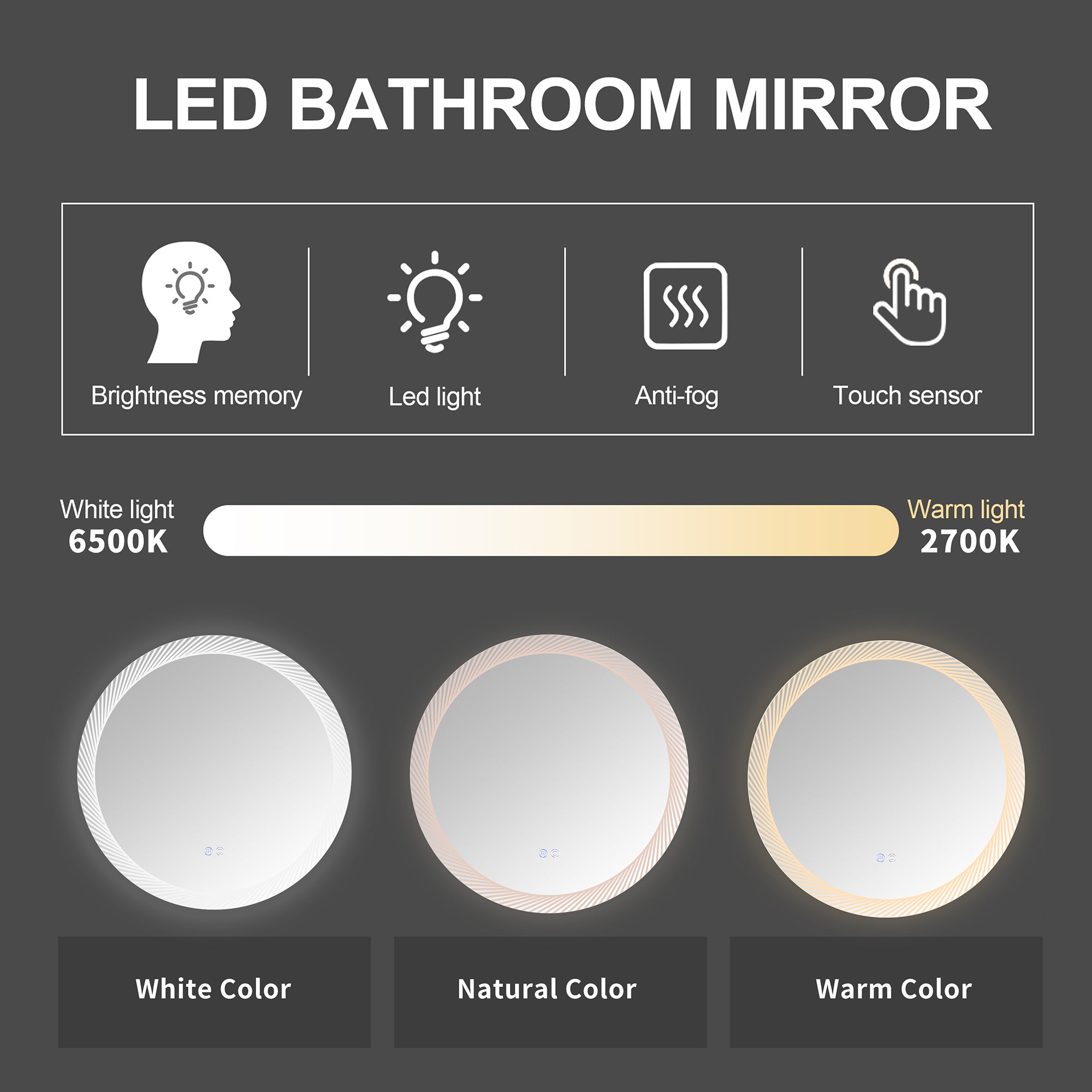 24 in. Round Frameless Anti-Fog Wall Mounted LED Bathroom Vanity Mirror