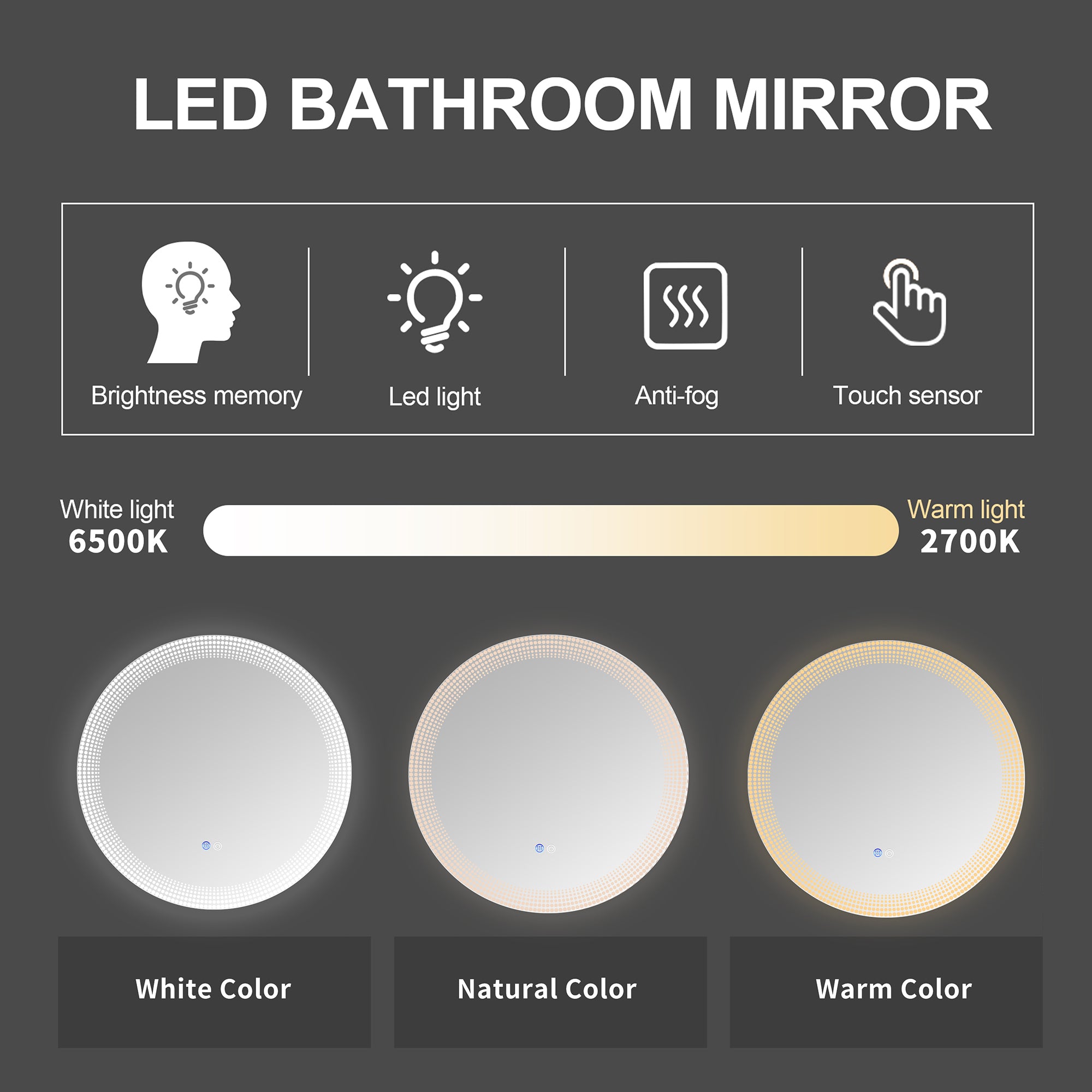 24 in. Round Frameless Anti-Fog Wall Mounted LED Bathroom Vanity Mirror