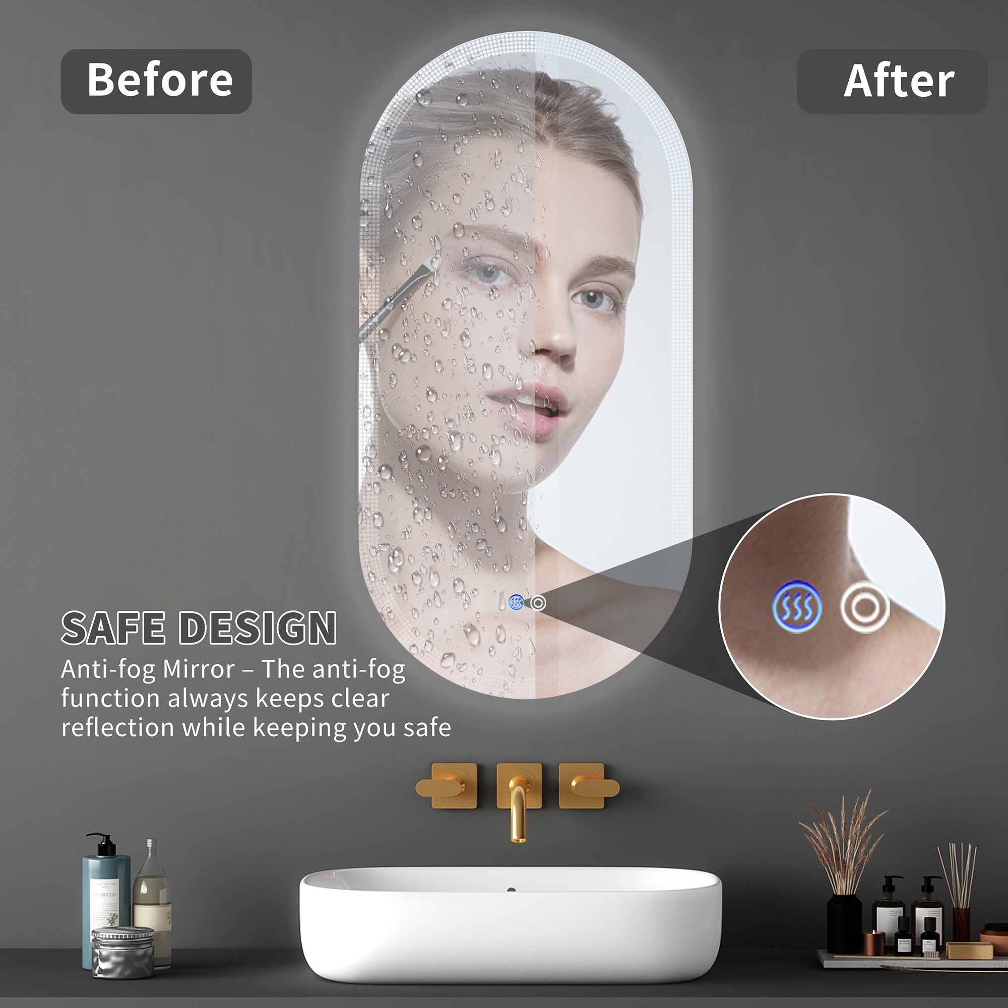 18 in. W x 35 in. H Oval Frameless Anti-Fog Wall Mounted LED Bathroom Vanity Mirror