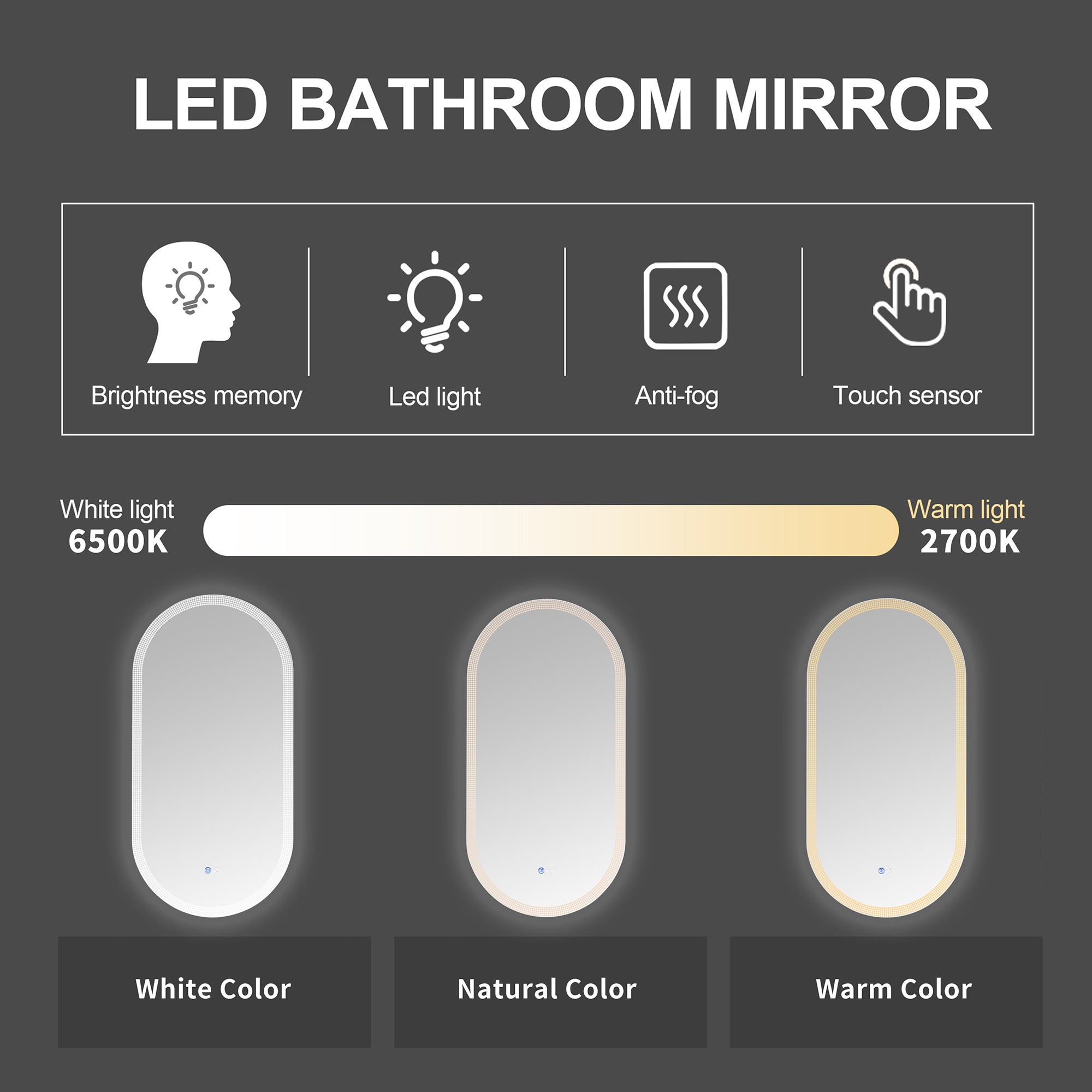 18 in. W x 35 in. H Oval Frameless Anti-Fog Wall Mounted LED Bathroom Vanity Mirror