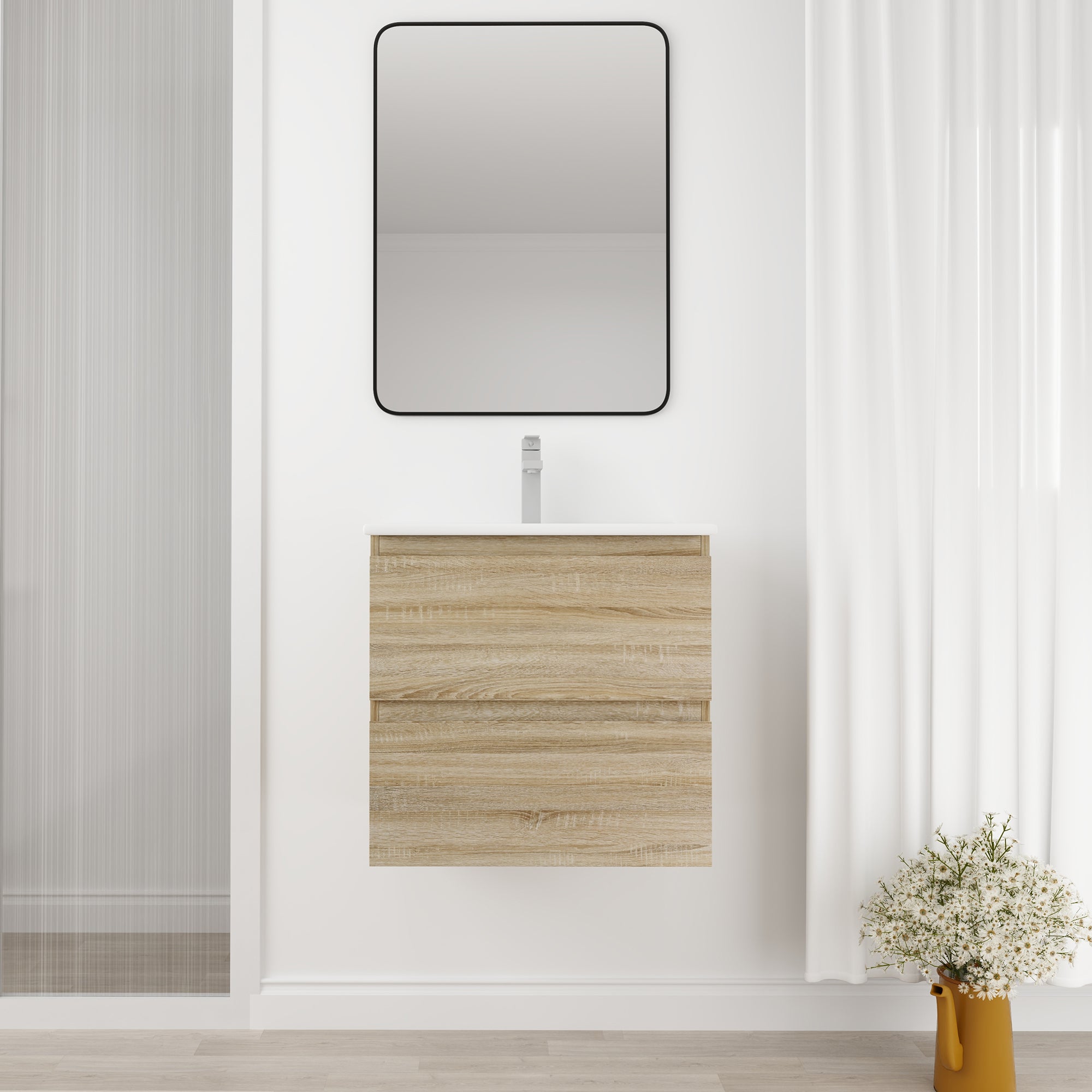 Wall-Mounted Plywood Bathroom Vanity Set in Light Oak with Integrated Gel Sink