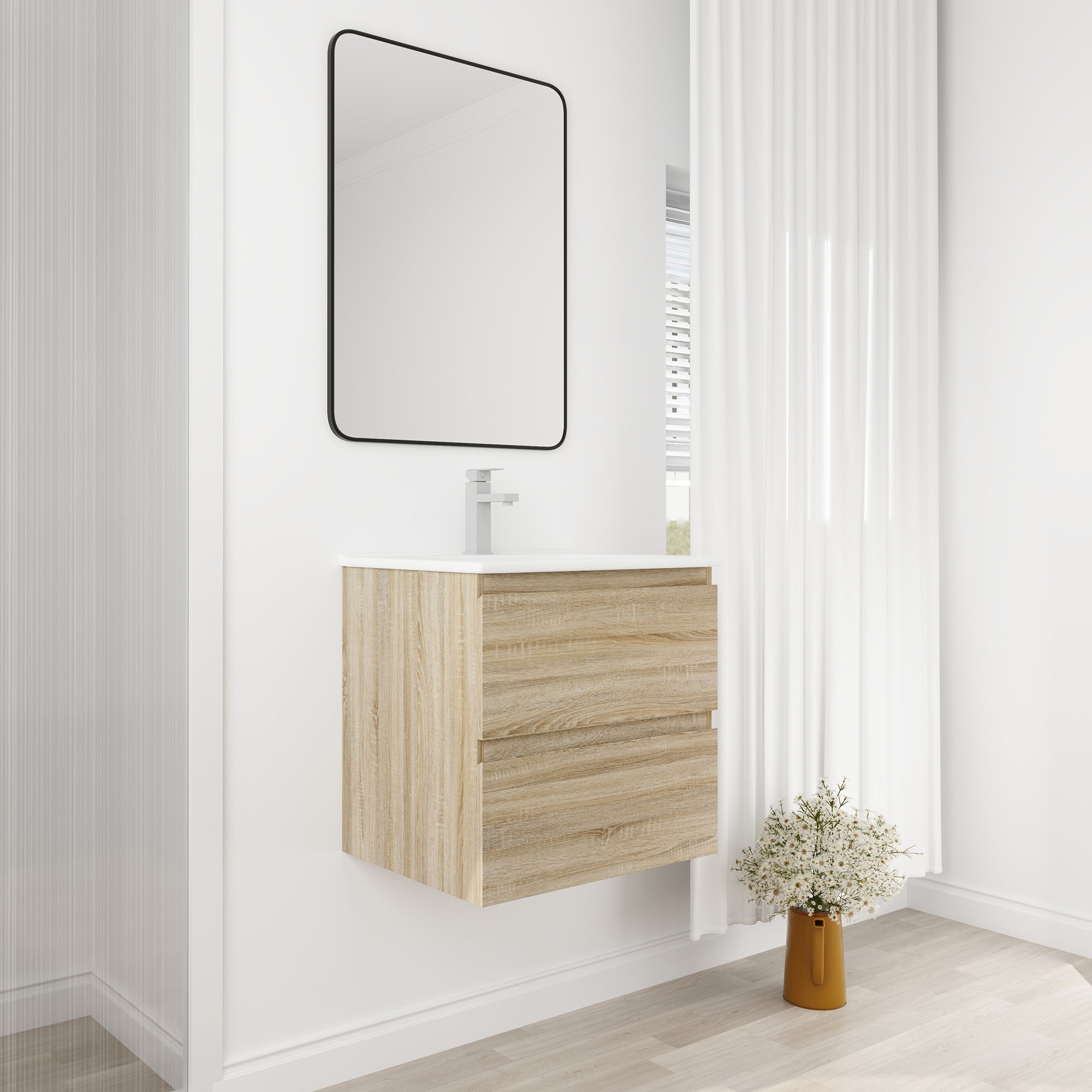 Wall-Mounted Plywood Bathroom Vanity Set in Light Oak with Integrated Gel Sink