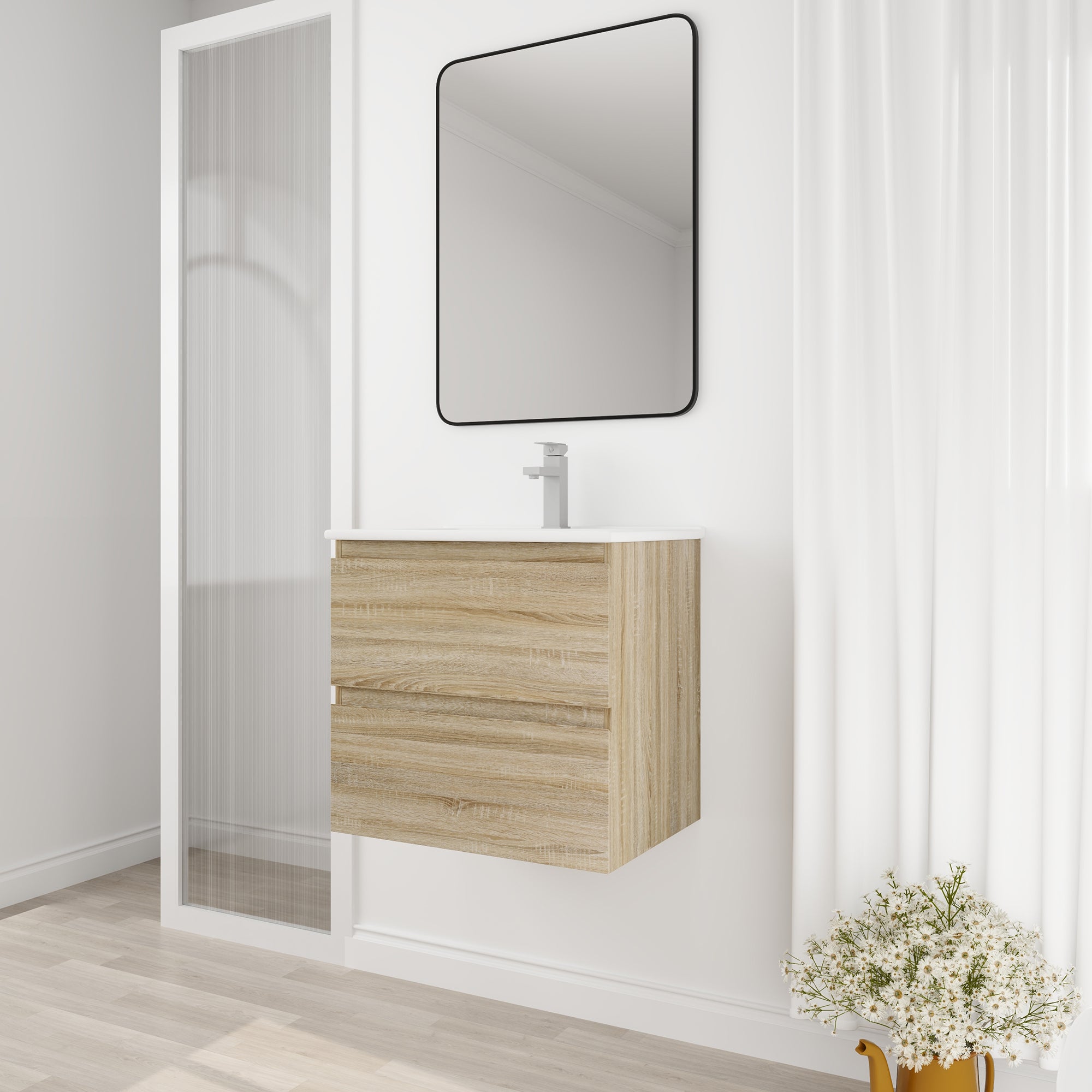 Wall-Mounted Plywood Bathroom Vanity Set in Light Oak with Integrated Gel Sink