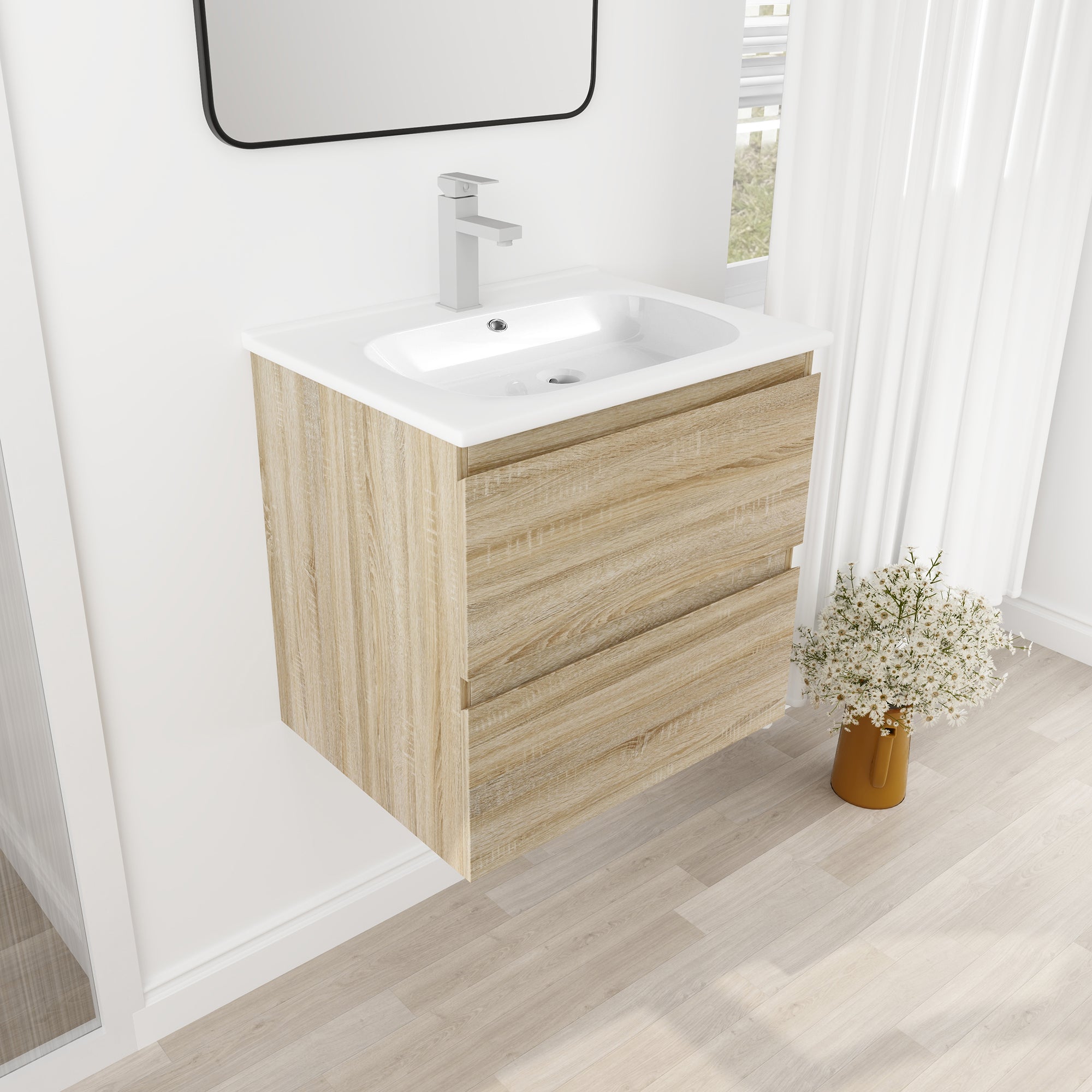 Wall-Mounted Plywood Bathroom Vanity Set in Light Oak with Integrated Gel Sink