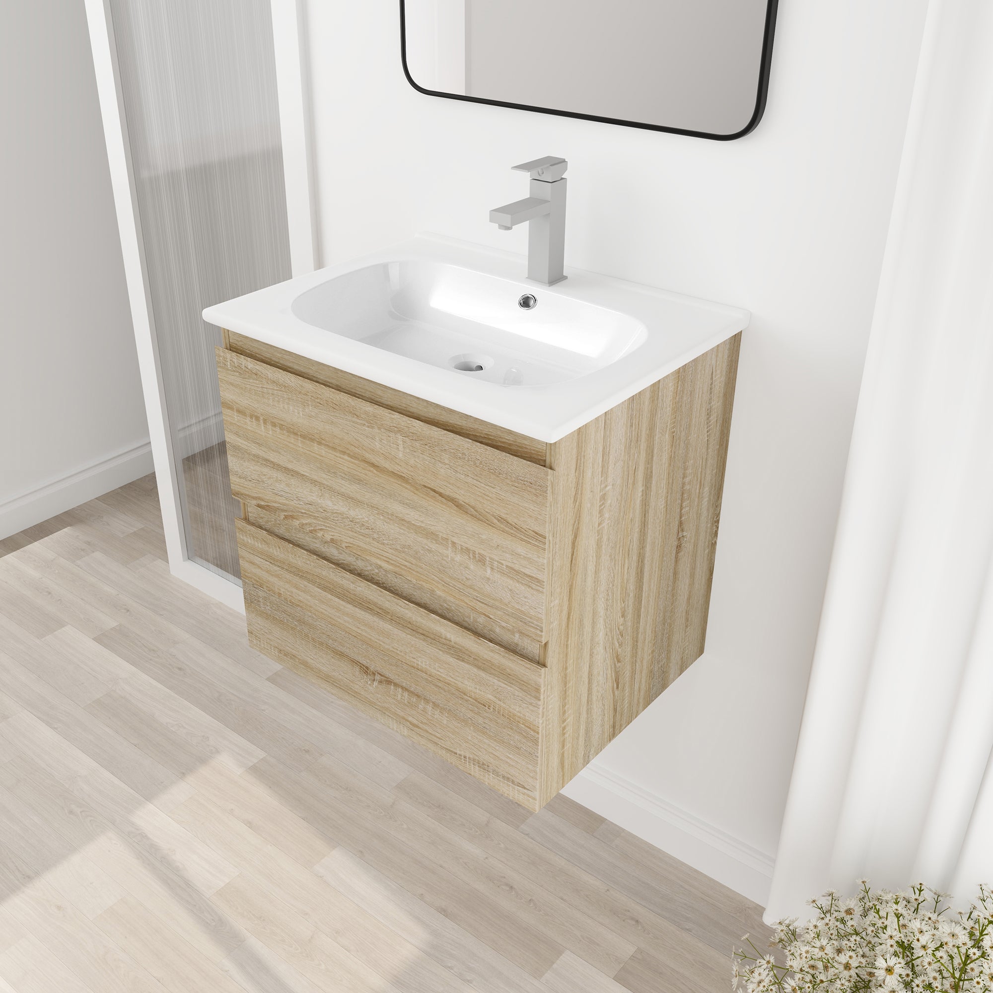 Wall-Mounted Plywood Bathroom Vanity Set in Light Oak with Integrated Gel Sink