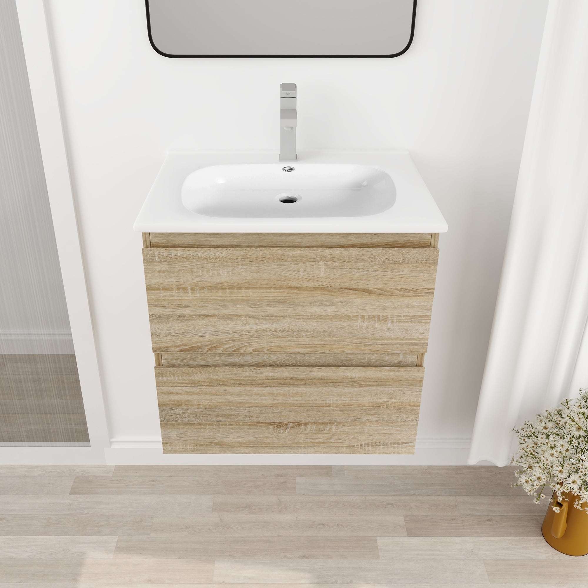 Wall-Mounted Plywood Bathroom Vanity Set in Light Oak with Integrated Gel Sink