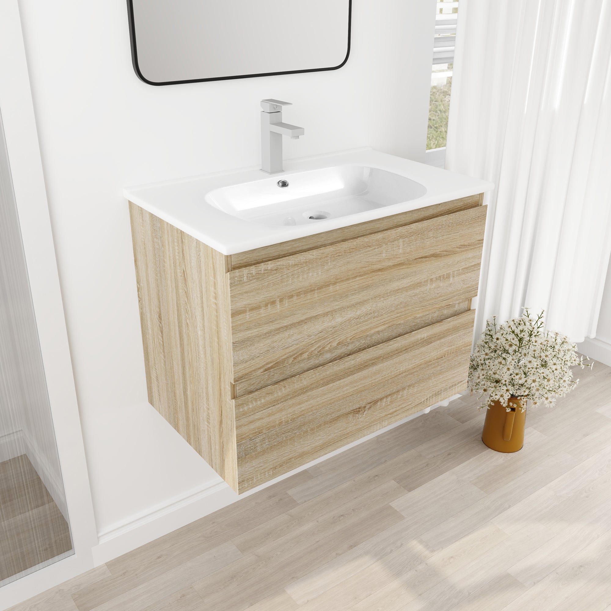 Wall-Mounted Plywood Bathroom Vanity Set in Light Oak with Integrated Gel Sink