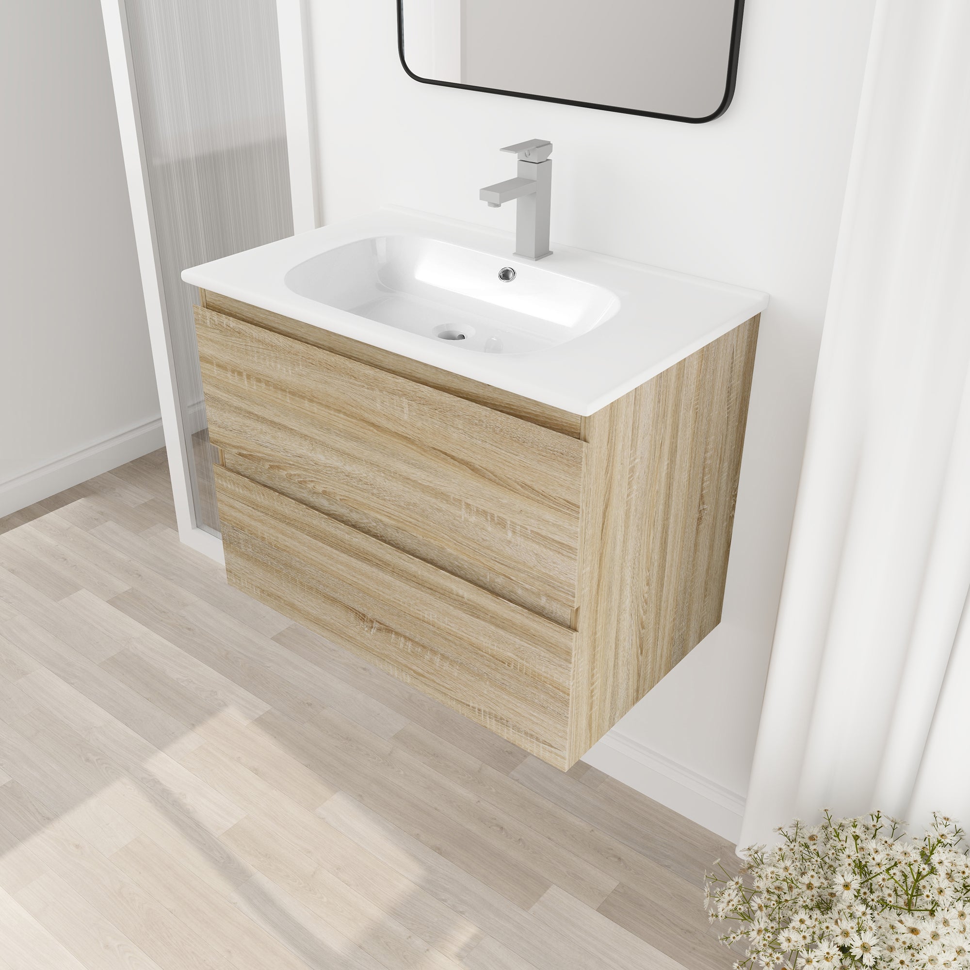 Wall-Mounted Plywood Bathroom Vanity Set in Light Oak with Integrated Gel Sink