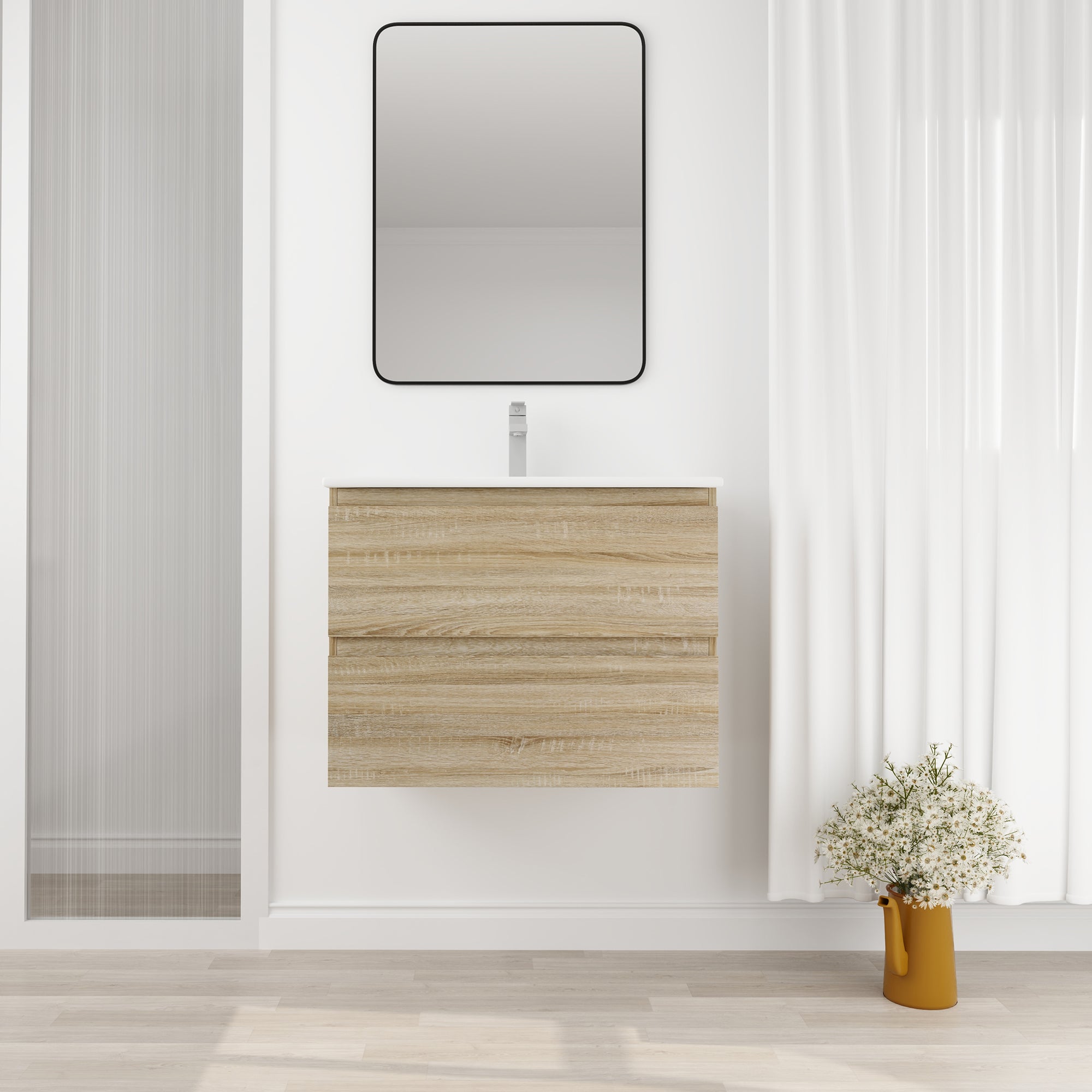 Wall-Mounted Plywood Bathroom Vanity Set in Light Oak with Integrated Gel Sink