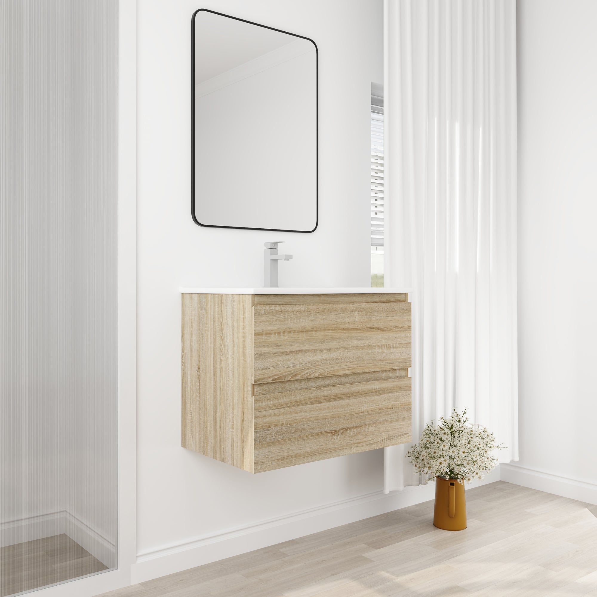 Wall-Mounted Plywood Bathroom Vanity Set in Light Oak with Integrated Gel Sink