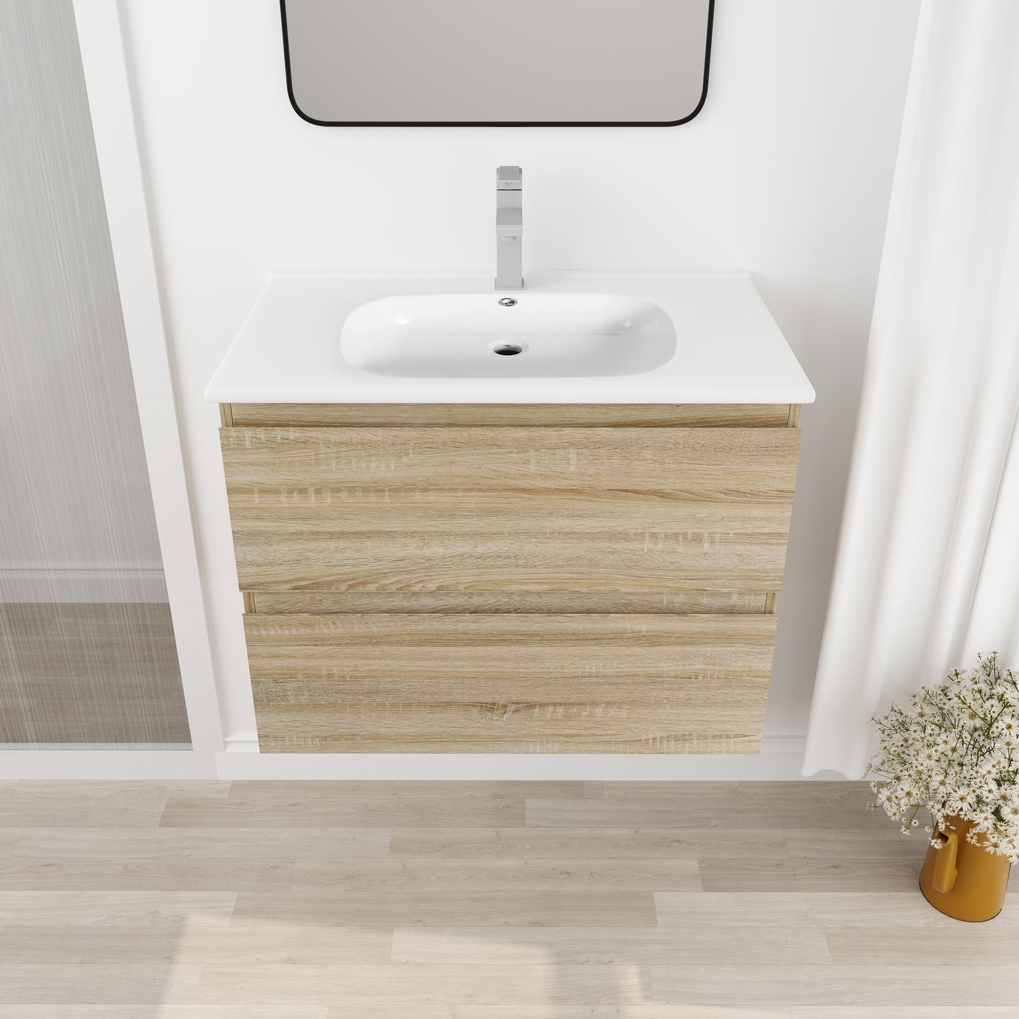 Wall-Mounted Plywood Bathroom Vanity Set in Light Oak with Integrated Gel Sink