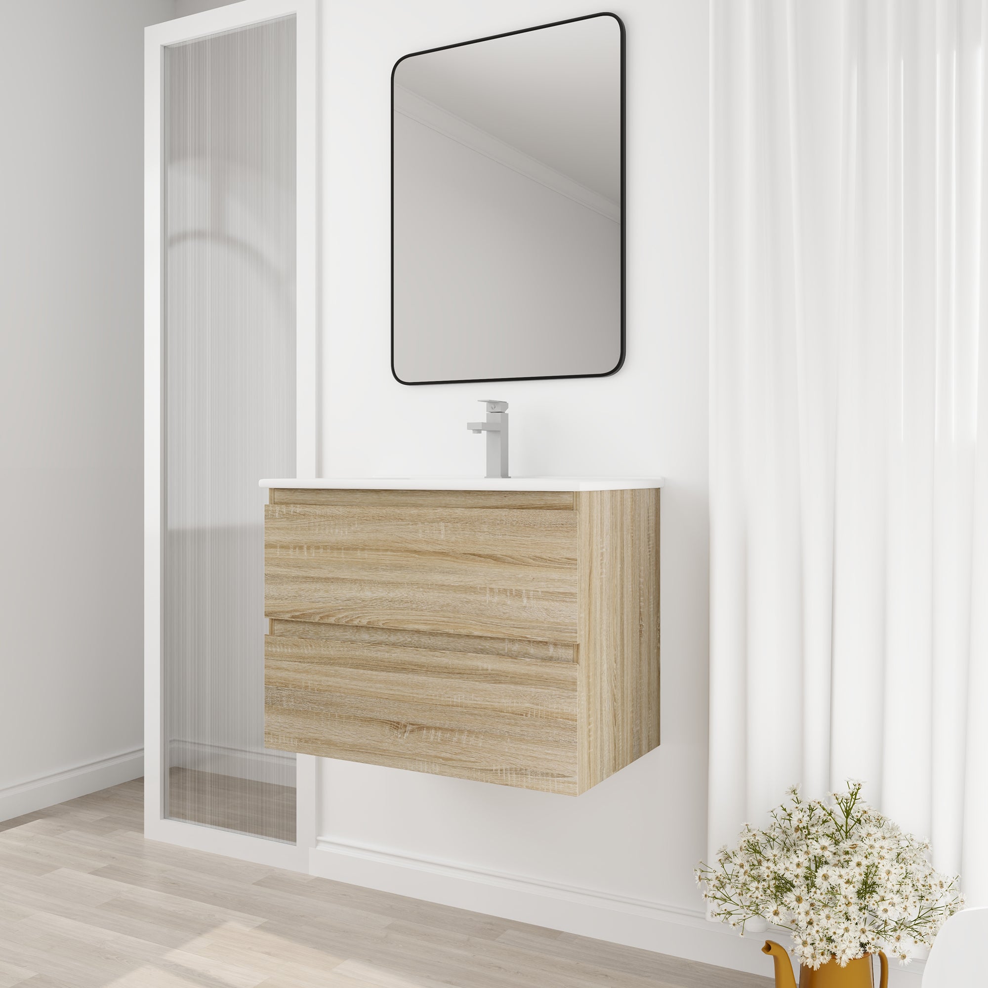 Wall-Mounted Plywood Bathroom Vanity Set in Light Oak with Integrated Gel Sink