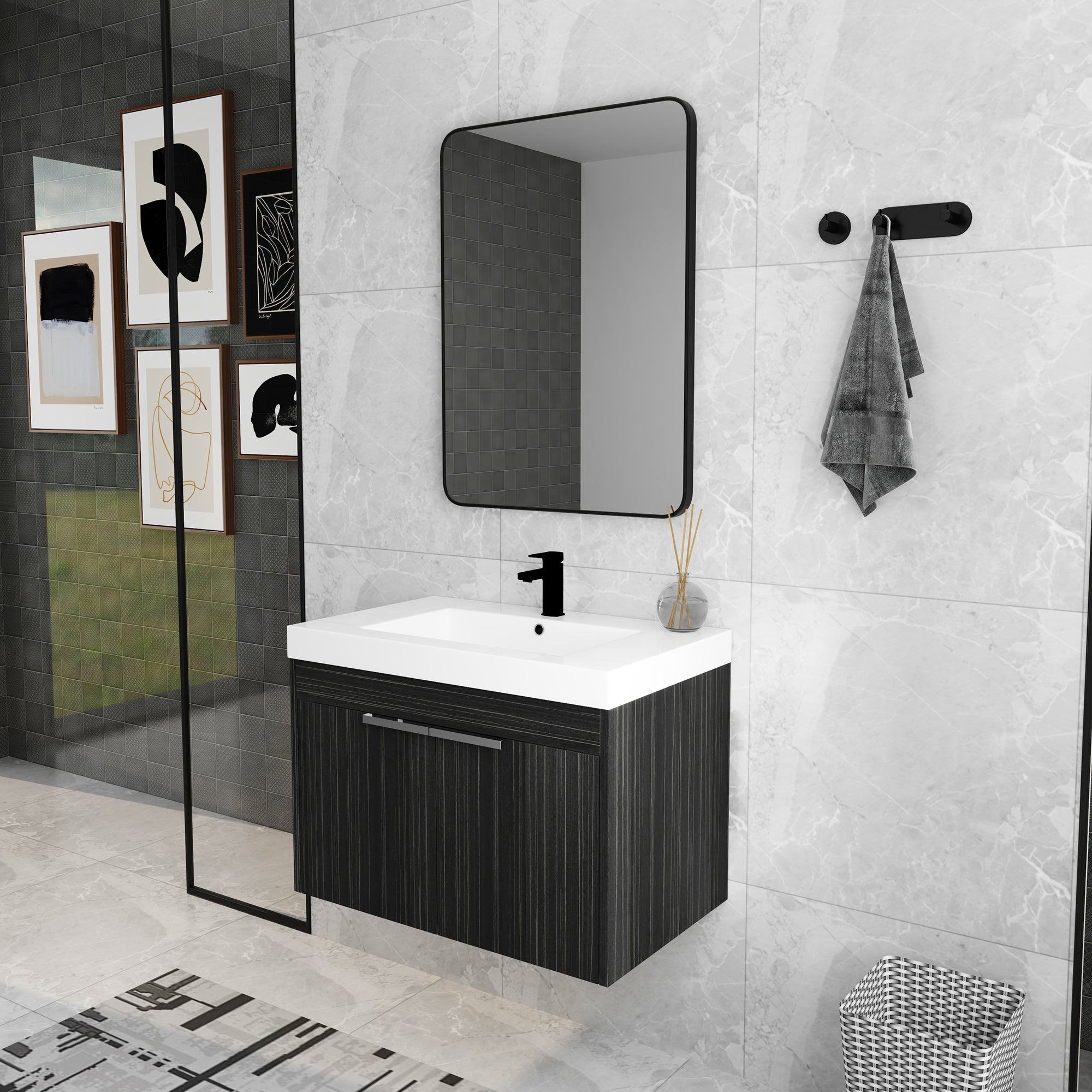 30 inch Plywood Wall-Mounted Bathroom Vanity Set with Integrated Resin Sink