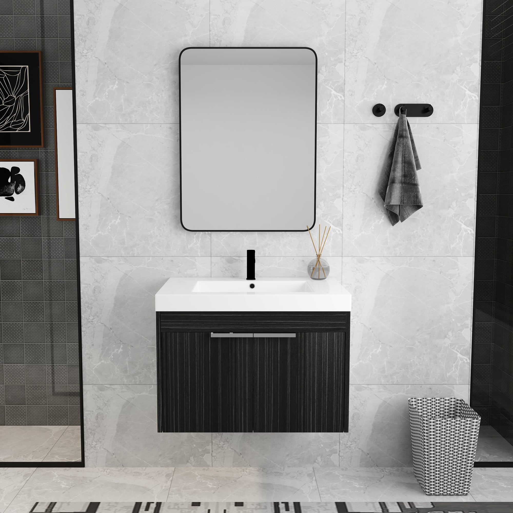 30 inch Plywood Wall-Mounted Bathroom Vanity Set with Integrated Resin Sink