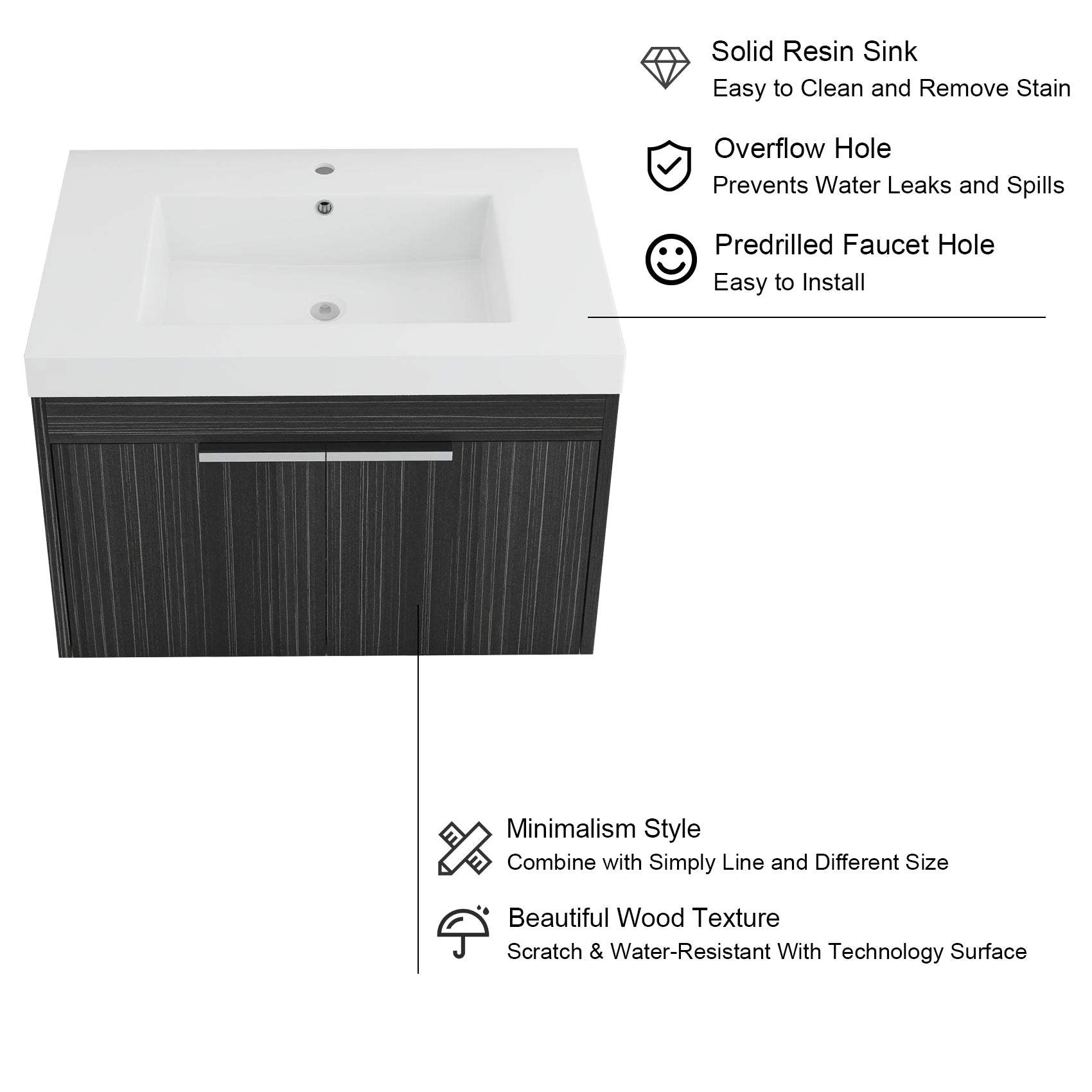 30 inch Plywood Wall-Mounted Bathroom Vanity Set with Integrated Resin Sink