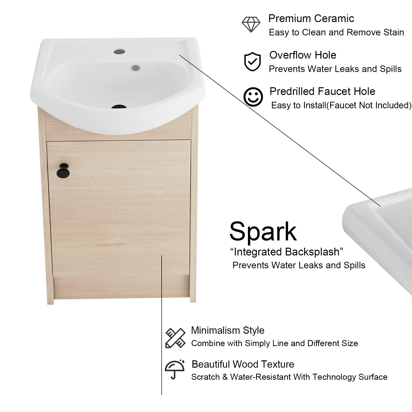 18 inch Plywood Freestanding Bathroom Vanity Set with Integrated Ceramic Sink