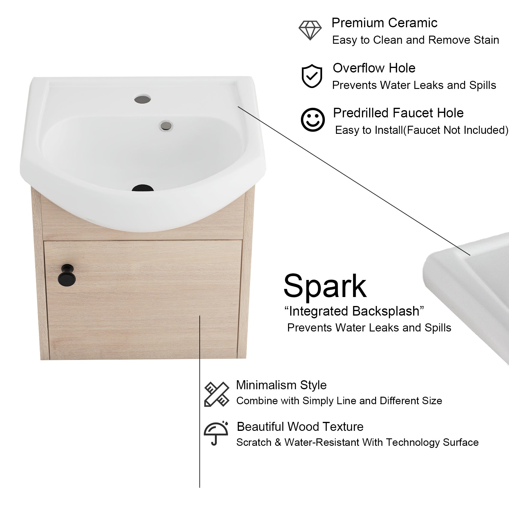 18 inch Plywood Wall-Mounted Bathroom Vanity Set with Integrated Ceramic Sink