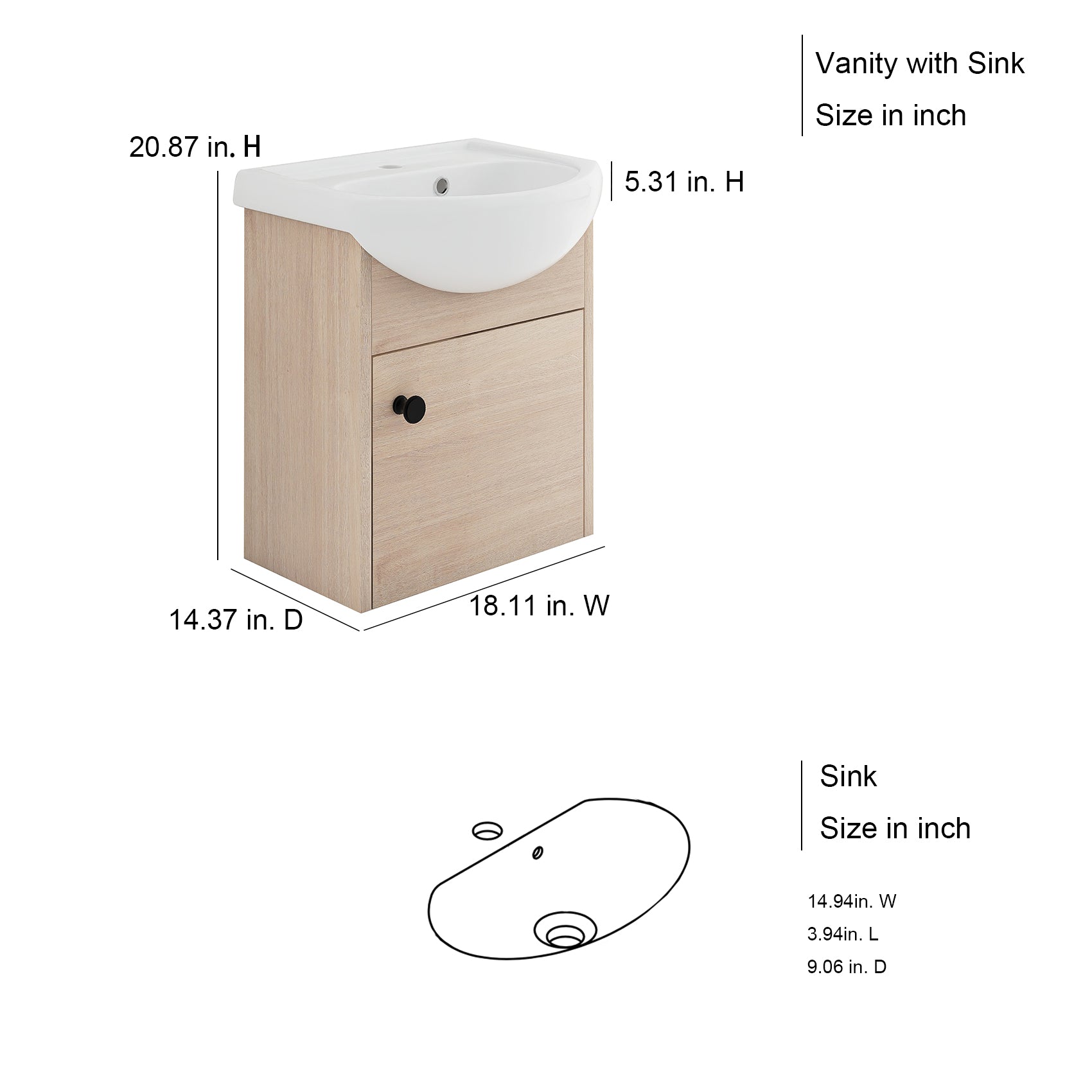 18 inch Plywood Wall-Mounted Bathroom Vanity Set with Integrated Ceramic Sink