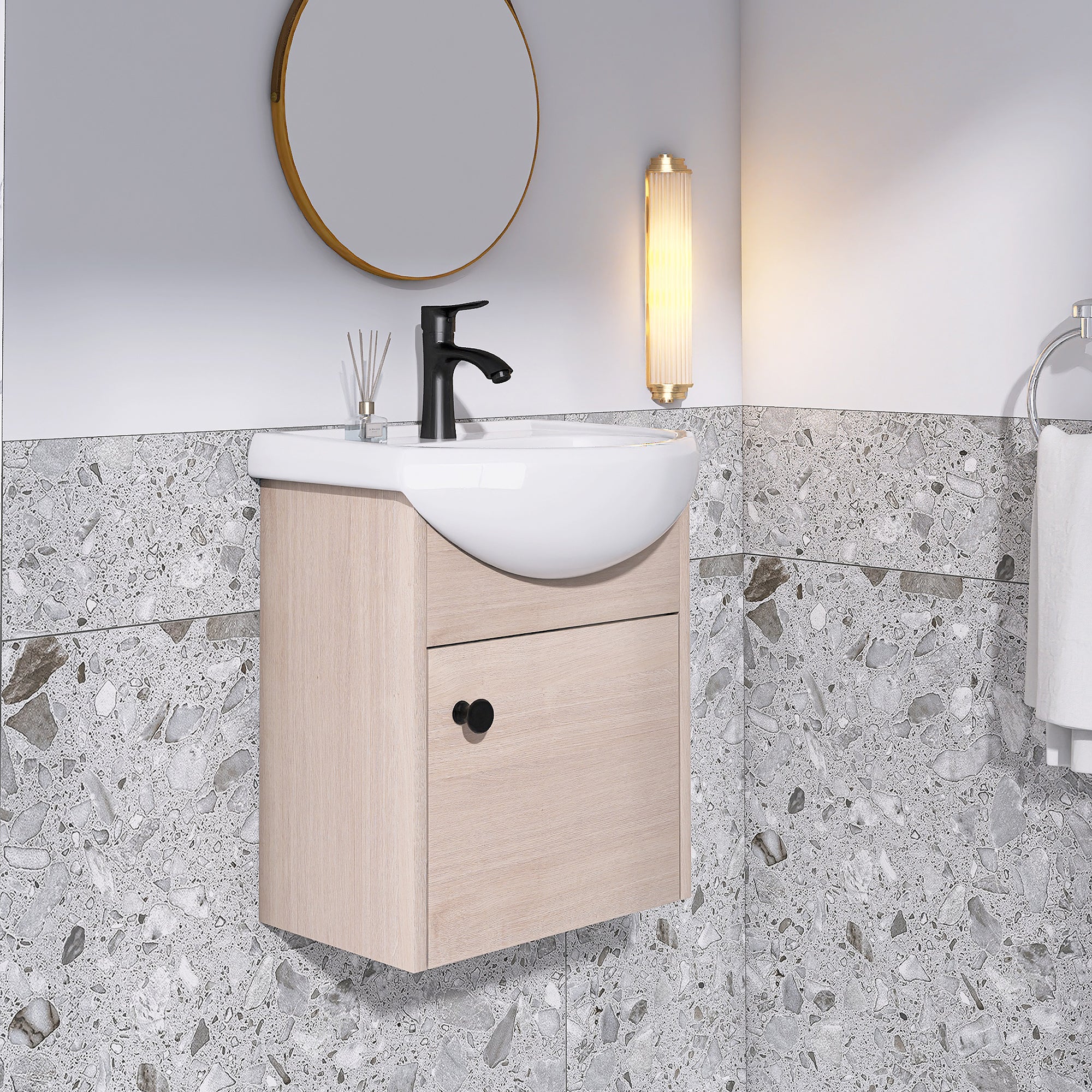 18 inch Plywood Wall-Mounted Bathroom Vanity Set with Integrated Ceramic Sink