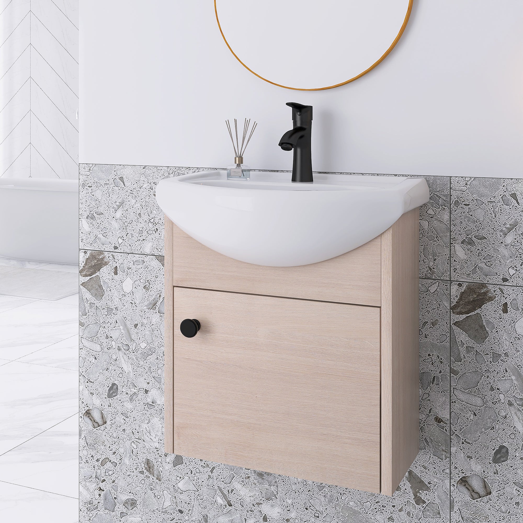 18 inch Plywood Wall-Mounted Bathroom Vanity Set with Integrated Ceramic Sink