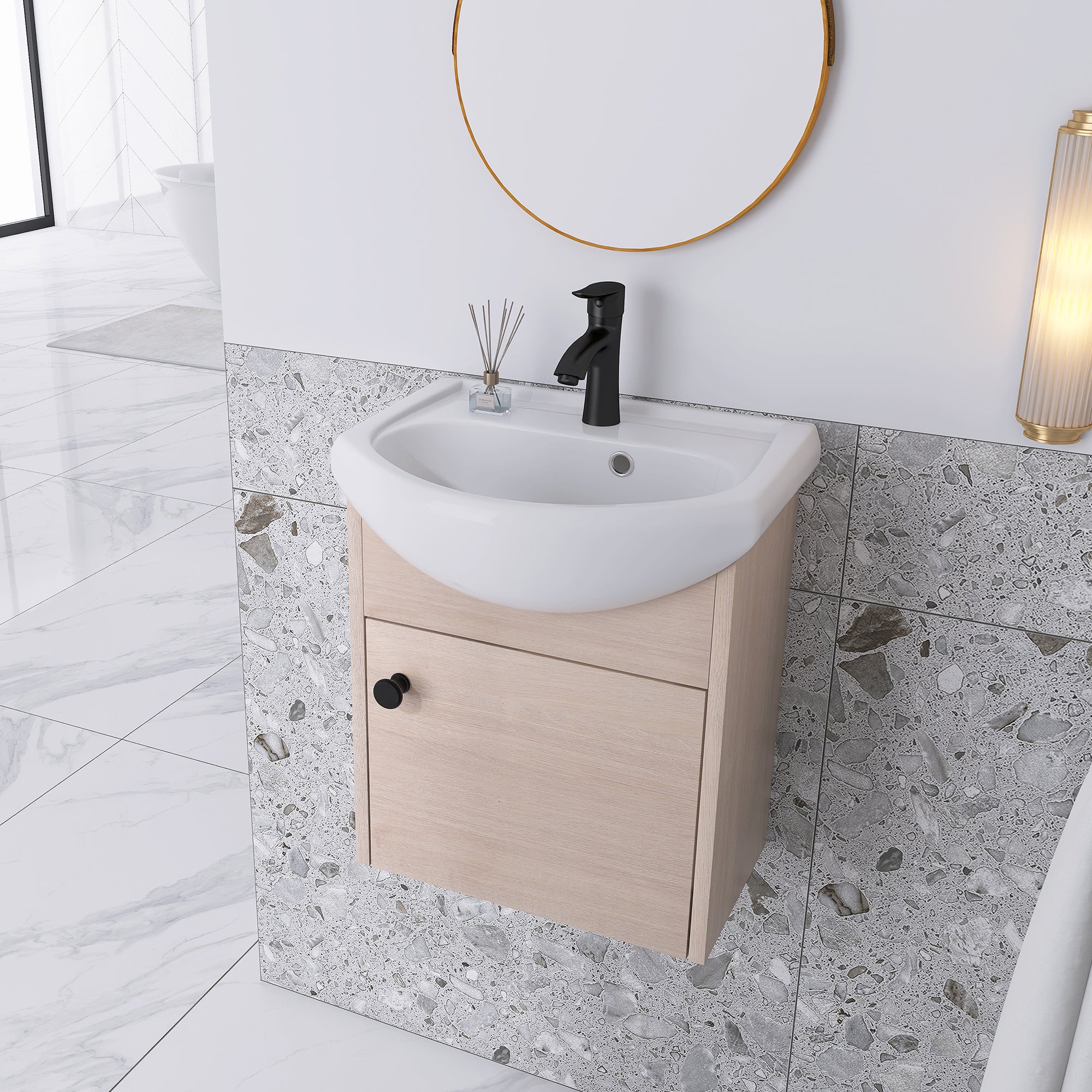 18 inch Plywood Wall-Mounted Bathroom Vanity Set with Integrated Ceramic Sink