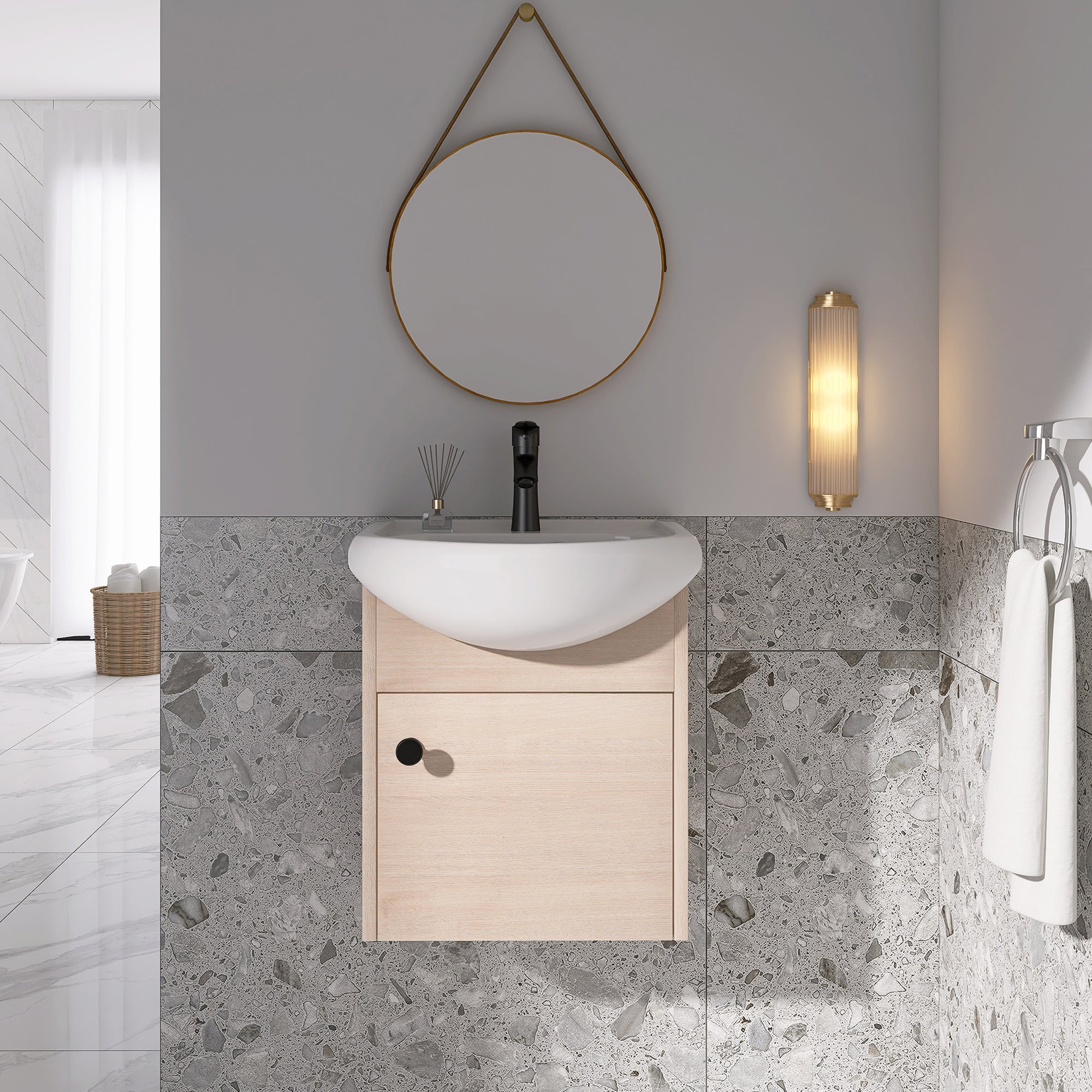18 inch Plywood Wall-Mounted Bathroom Vanity Set with Integrated Ceramic Sink