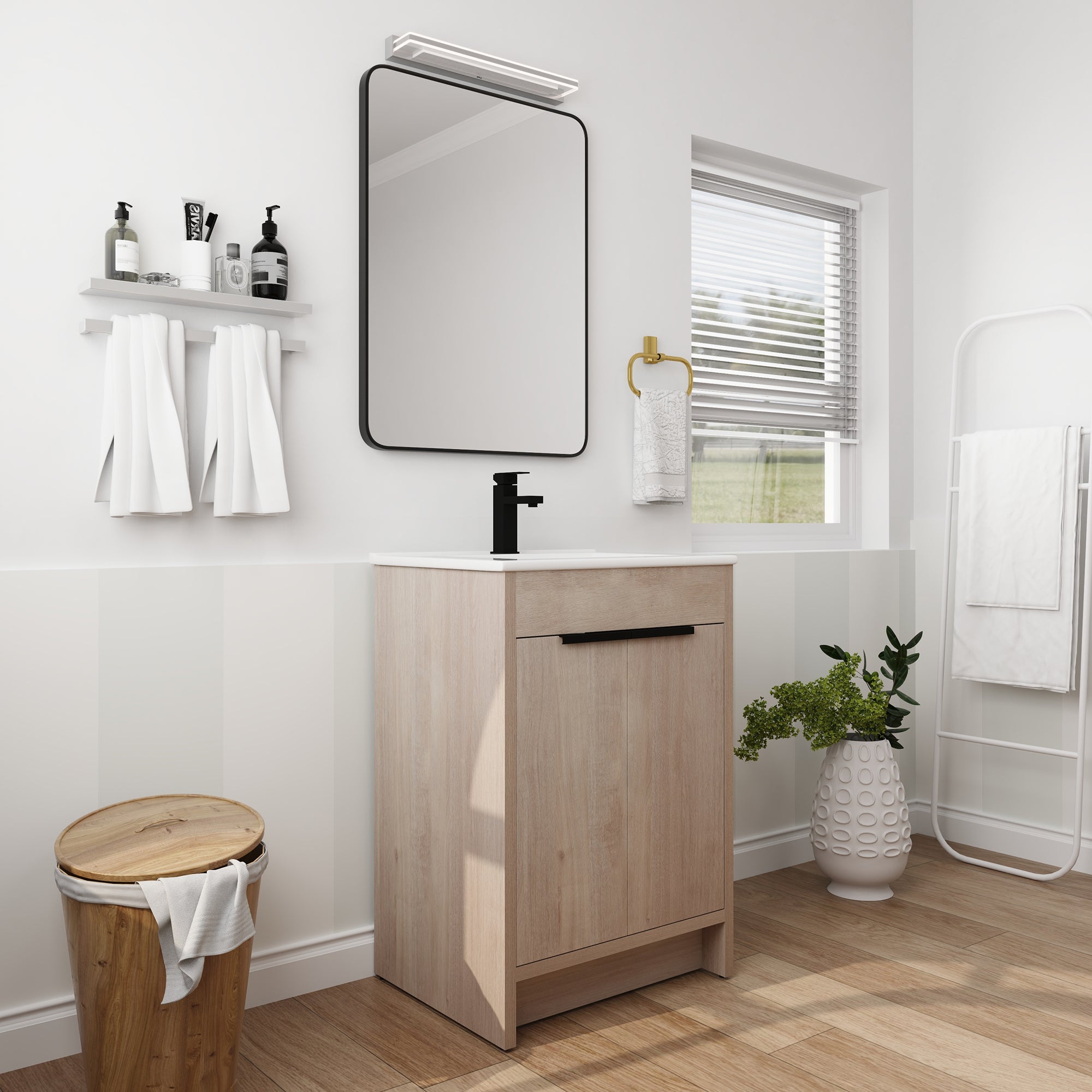 24 in. Freestanding Plywood Bathroom Vanity Set in Plain Light Oak with Integrated Sink