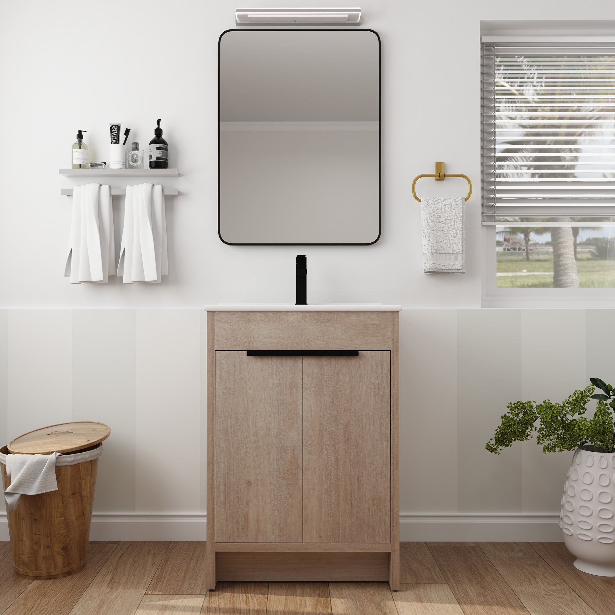 24 in. Freestanding Plywood Bathroom Vanity Set in Plain Light Oak with Integrated Sink