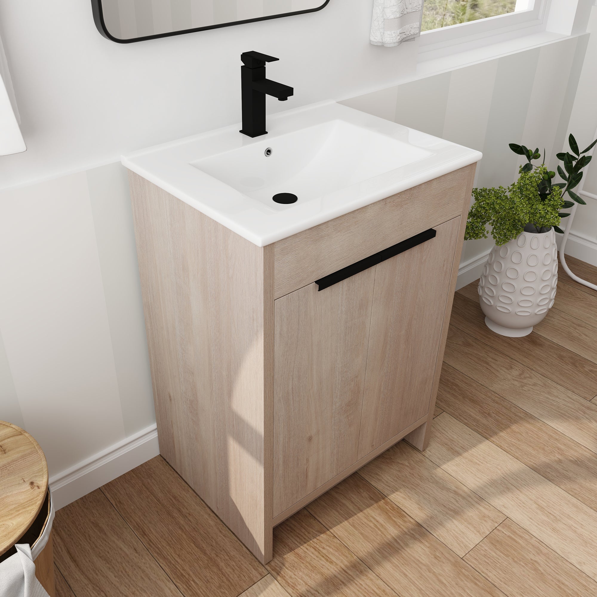 24 in. Freestanding Plywood Bathroom Vanity Set in Plain Light Oak with Integrated Sink