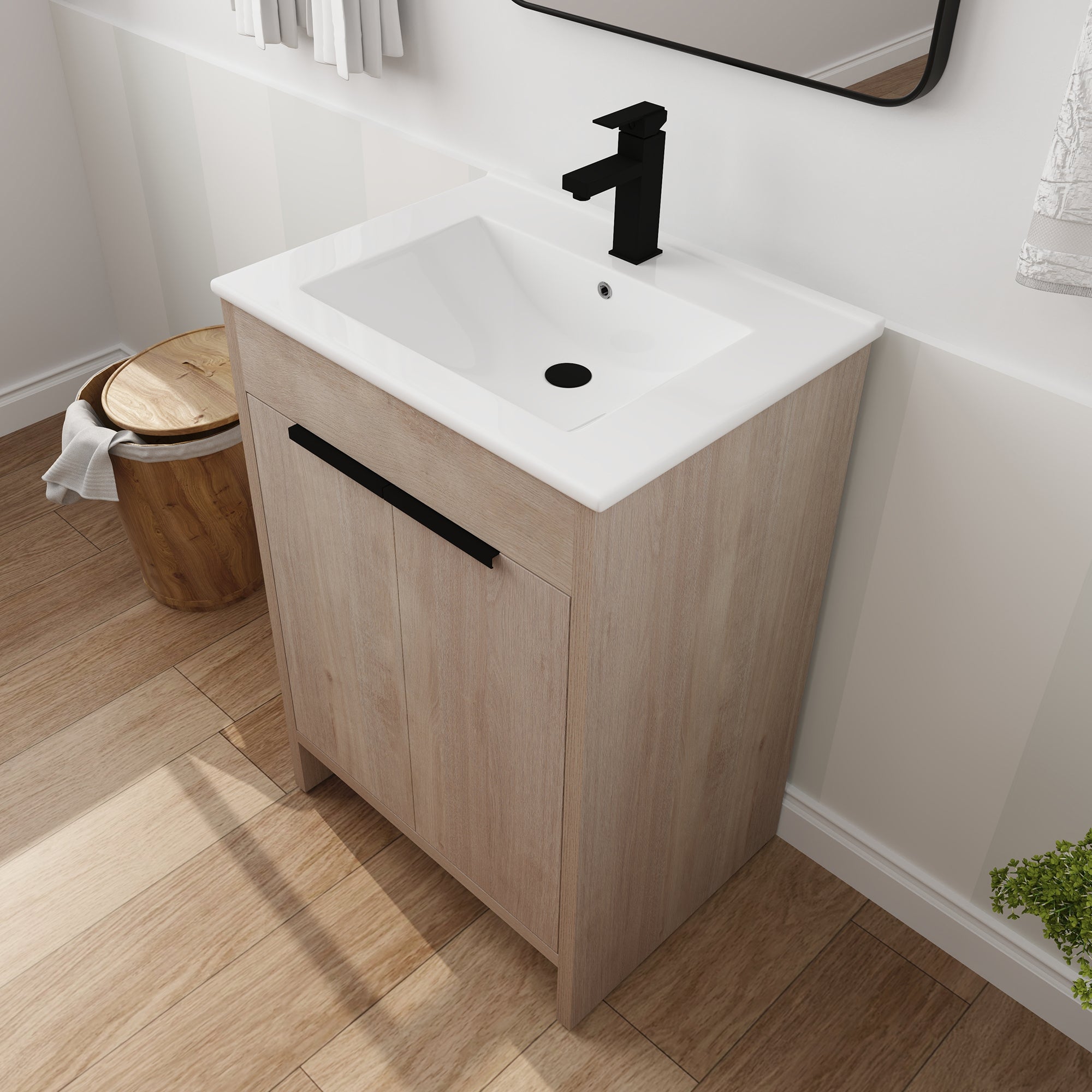 24 in. Freestanding Plywood Bathroom Vanity Set in Plain Light Oak with Integrated Sink