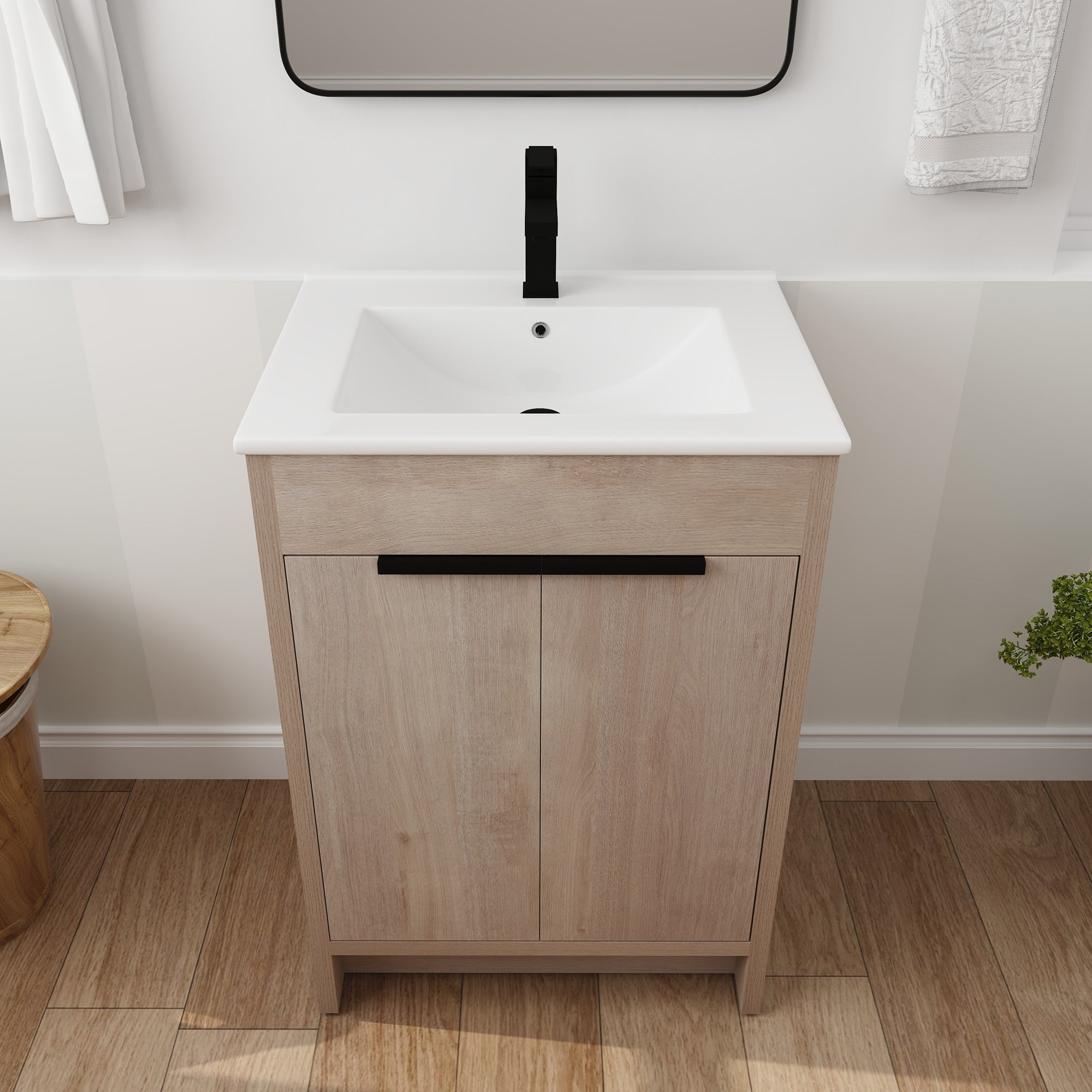 24 in. Freestanding Plywood Bathroom Vanity Set in Plain Light Oak with Integrated Sink