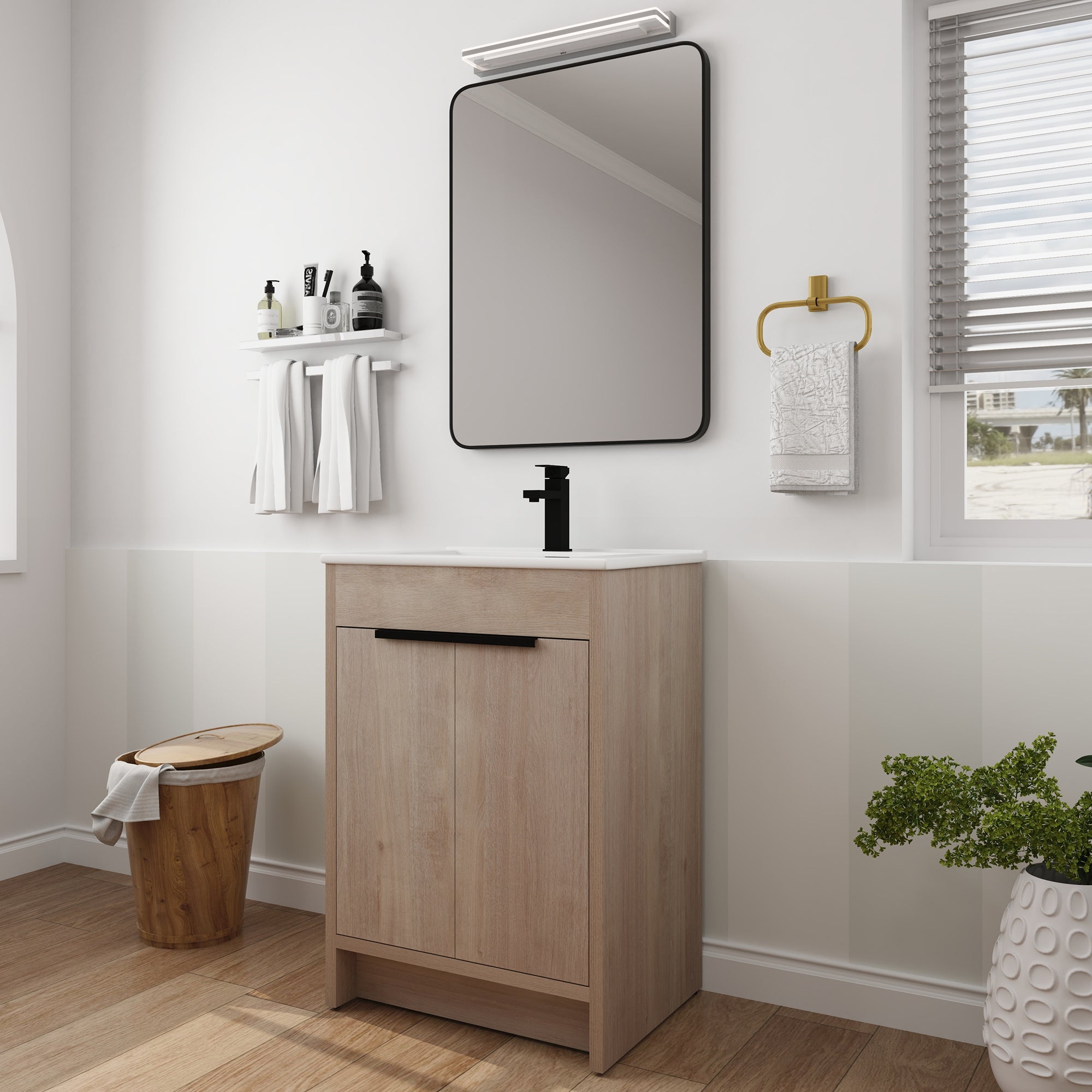 24 in. Freestanding Plywood Bathroom Vanity Set in Plain Light Oak with Integrated Sink