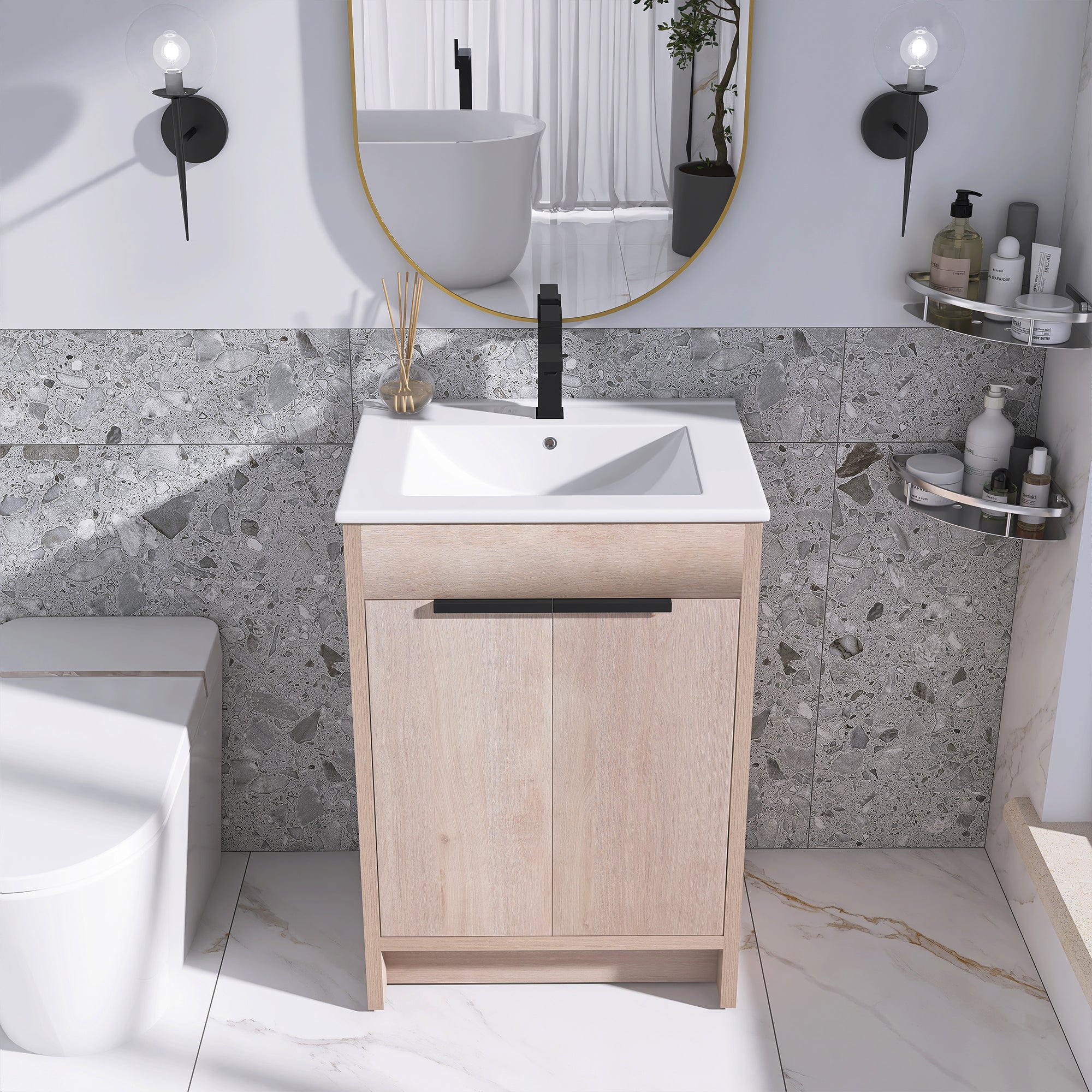 24 in. Freestanding Plywood Bathroom Vanity Set in Plain Light Oak with Integrated Sink