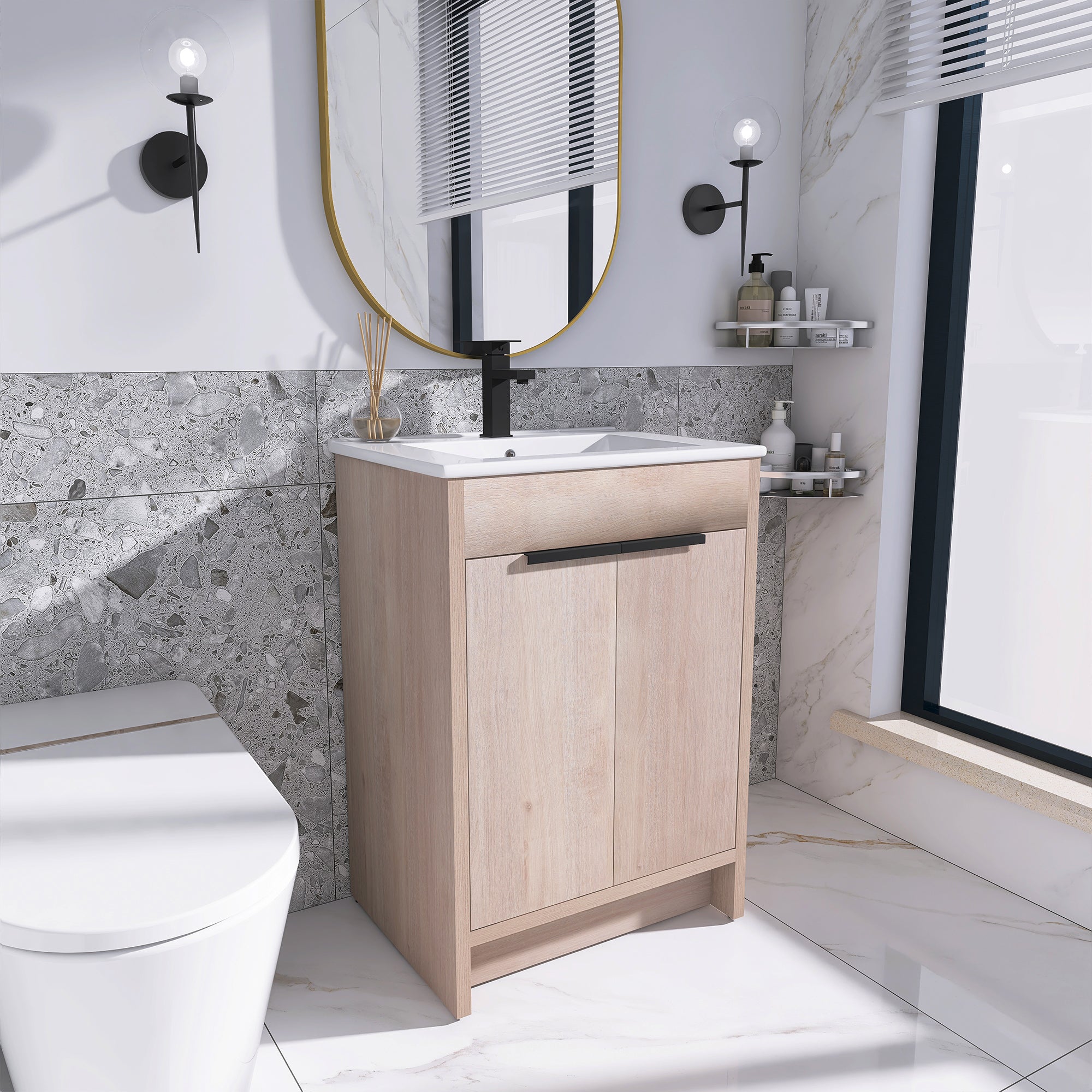 24 in. Freestanding Plywood Bathroom Vanity Set in Plain Light Oak with Integrated Sink