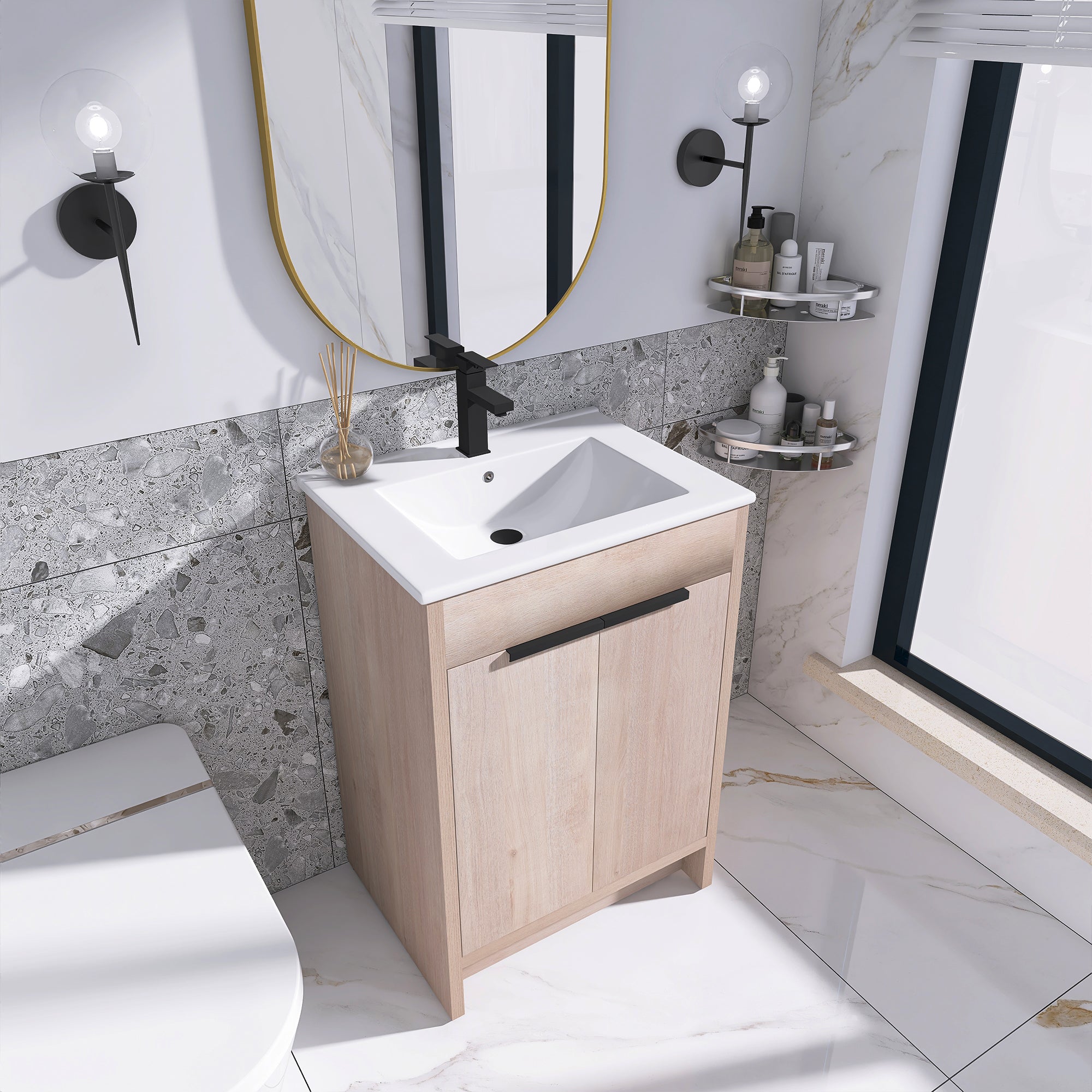 24 in. Freestanding Plywood Bathroom Vanity Set in Plain Light Oak with Integrated Sink