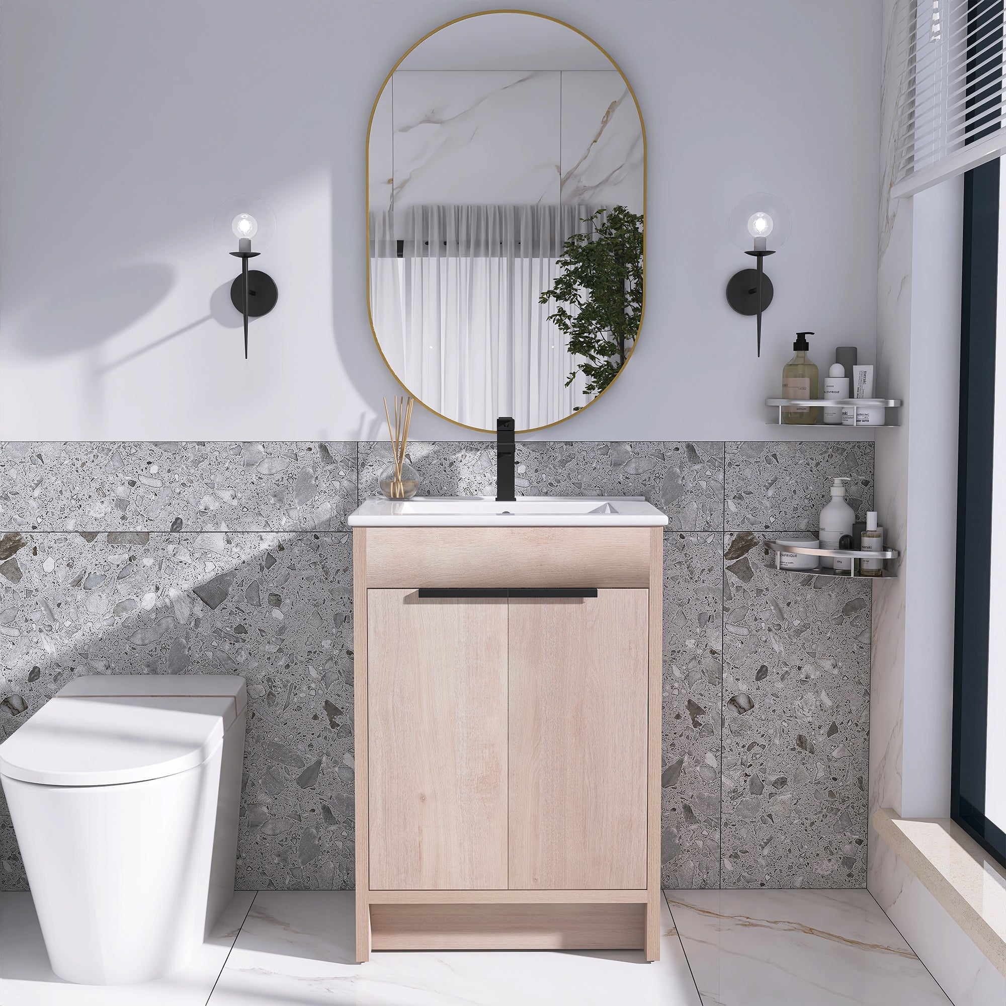 24 in. Freestanding Plywood Bathroom Vanity Set in Plain Light Oak with Integrated Sink