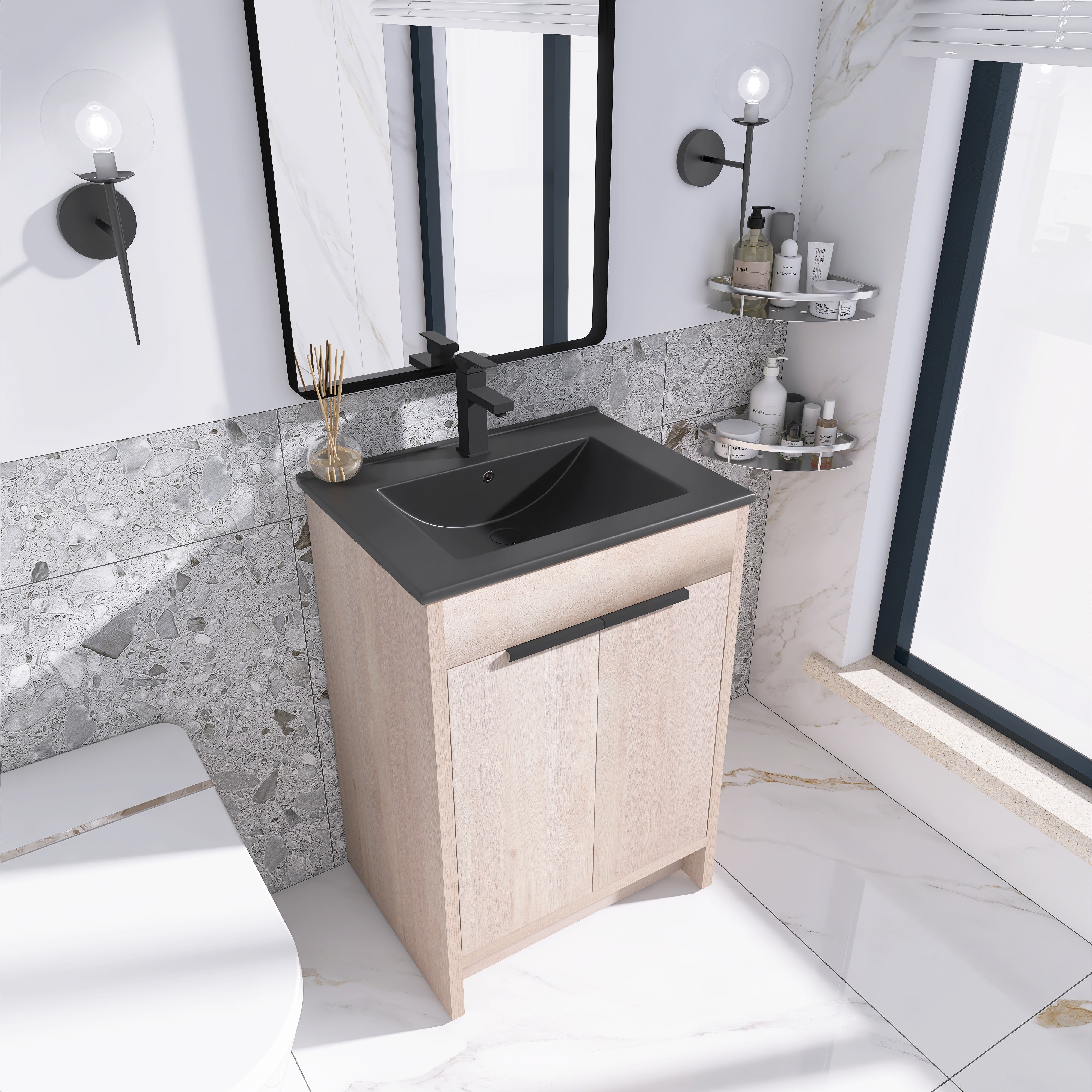 24 in. Freestanding Plywood Bathroom Vanity Set in Plain Light Oak with Integrated Sink