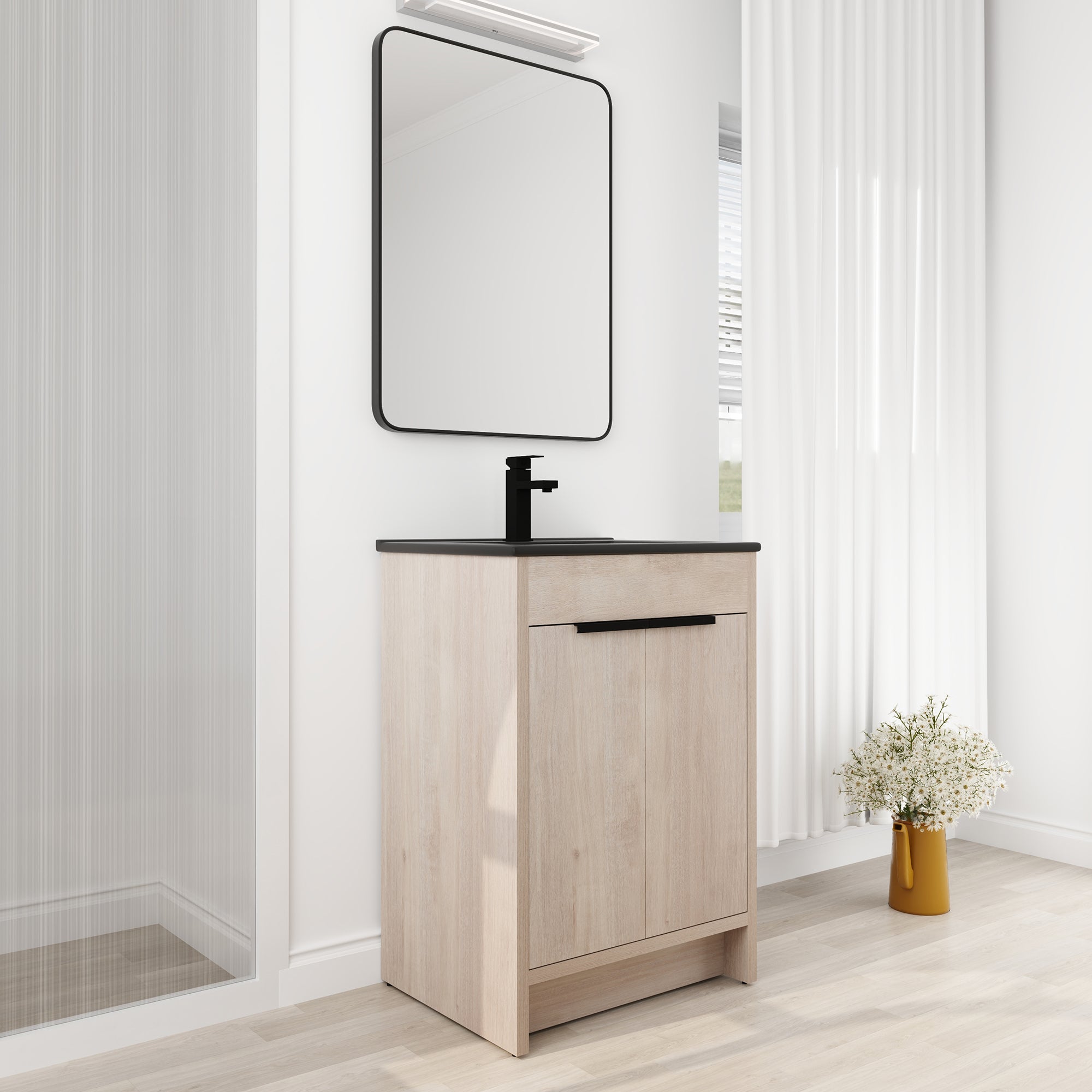 24 in. Freestanding Plywood Bathroom Vanity Set in Plain Light Oak with Integrated Sink