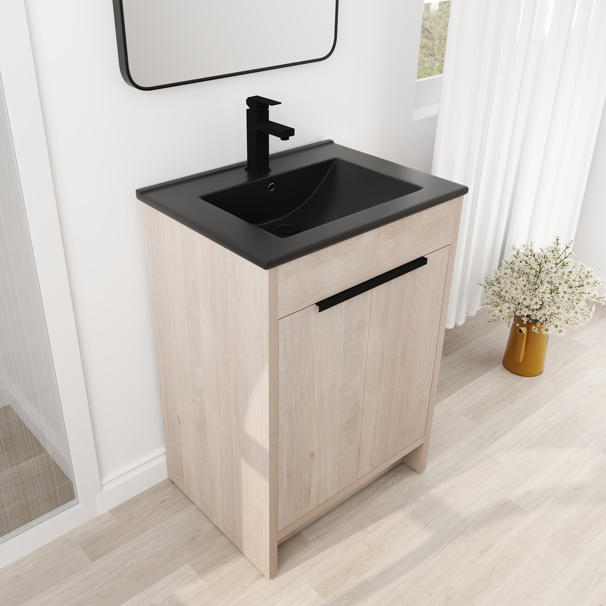 24 in. Freestanding Plywood Bathroom Vanity Set in Plain Light Oak with Integrated Sink
