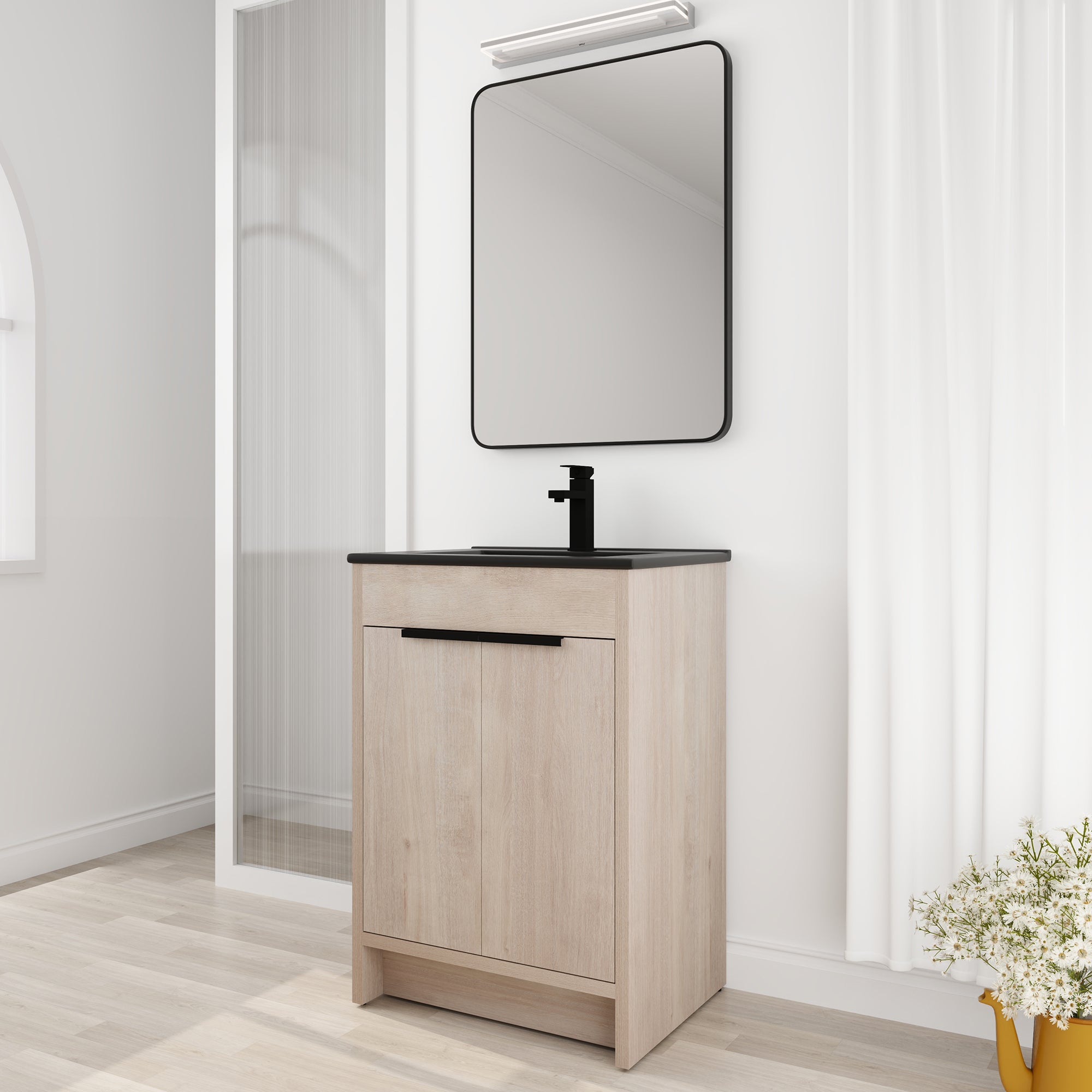 24 in. Freestanding Plywood Bathroom Vanity Set in Plain Light Oak with Integrated Sink