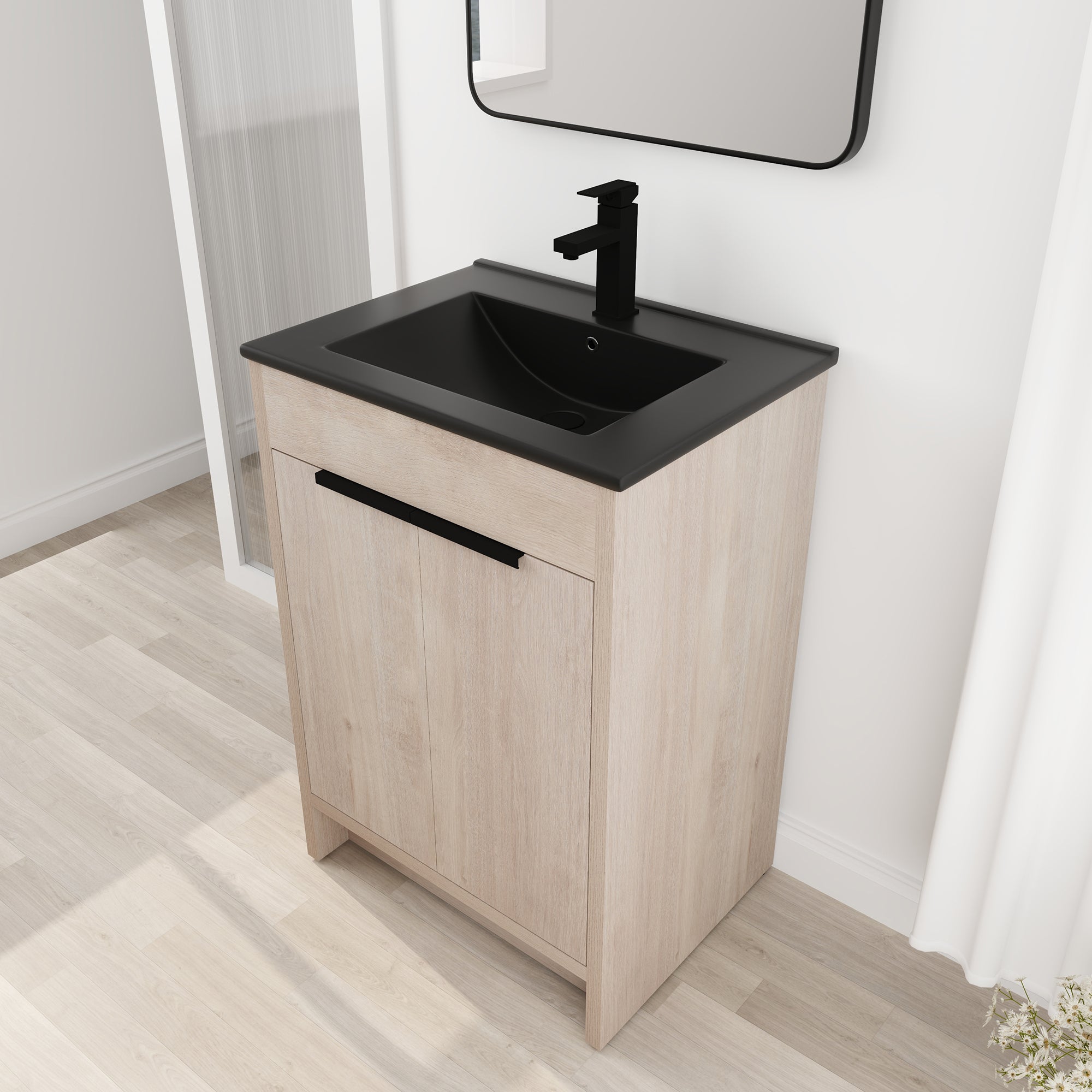 24 in. Freestanding Plywood Bathroom Vanity Set in Plain Light Oak with Integrated Sink