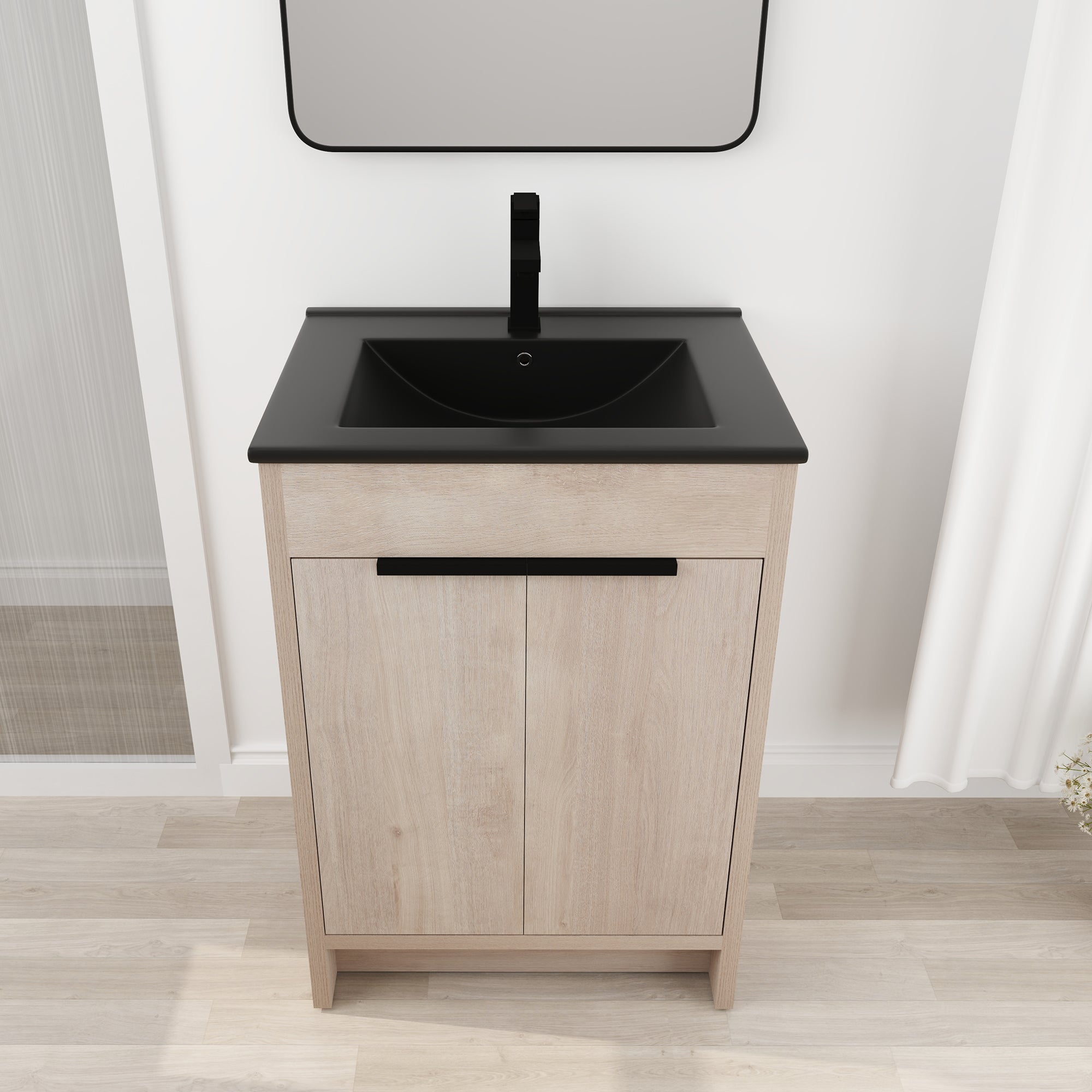 24 in. Freestanding Plywood Bathroom Vanity Set in Plain Light Oak with Integrated Sink