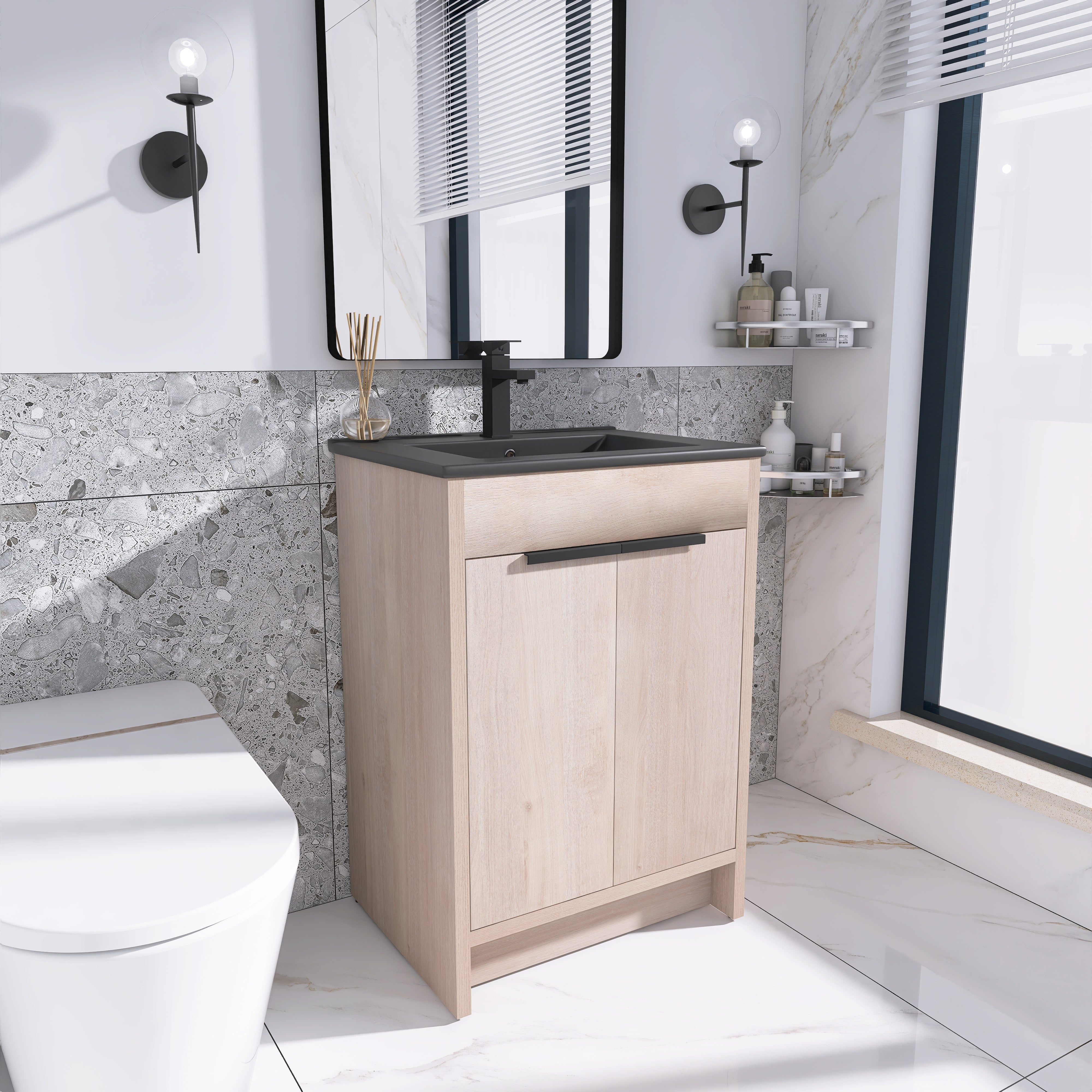 24 in. Freestanding Plywood Bathroom Vanity Set in Plain Light Oak with Integrated Sink
