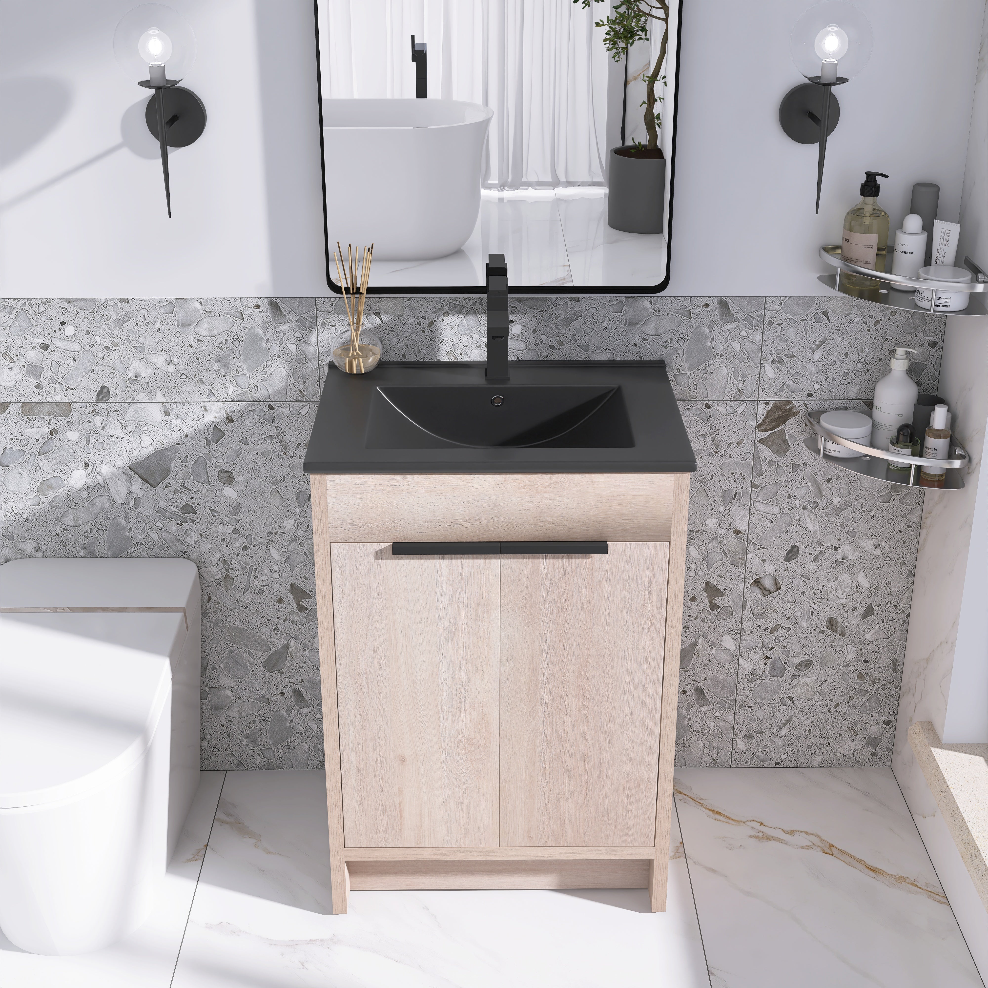 24 in. Freestanding Plywood Bathroom Vanity Set in Plain Light Oak with Integrated Sink