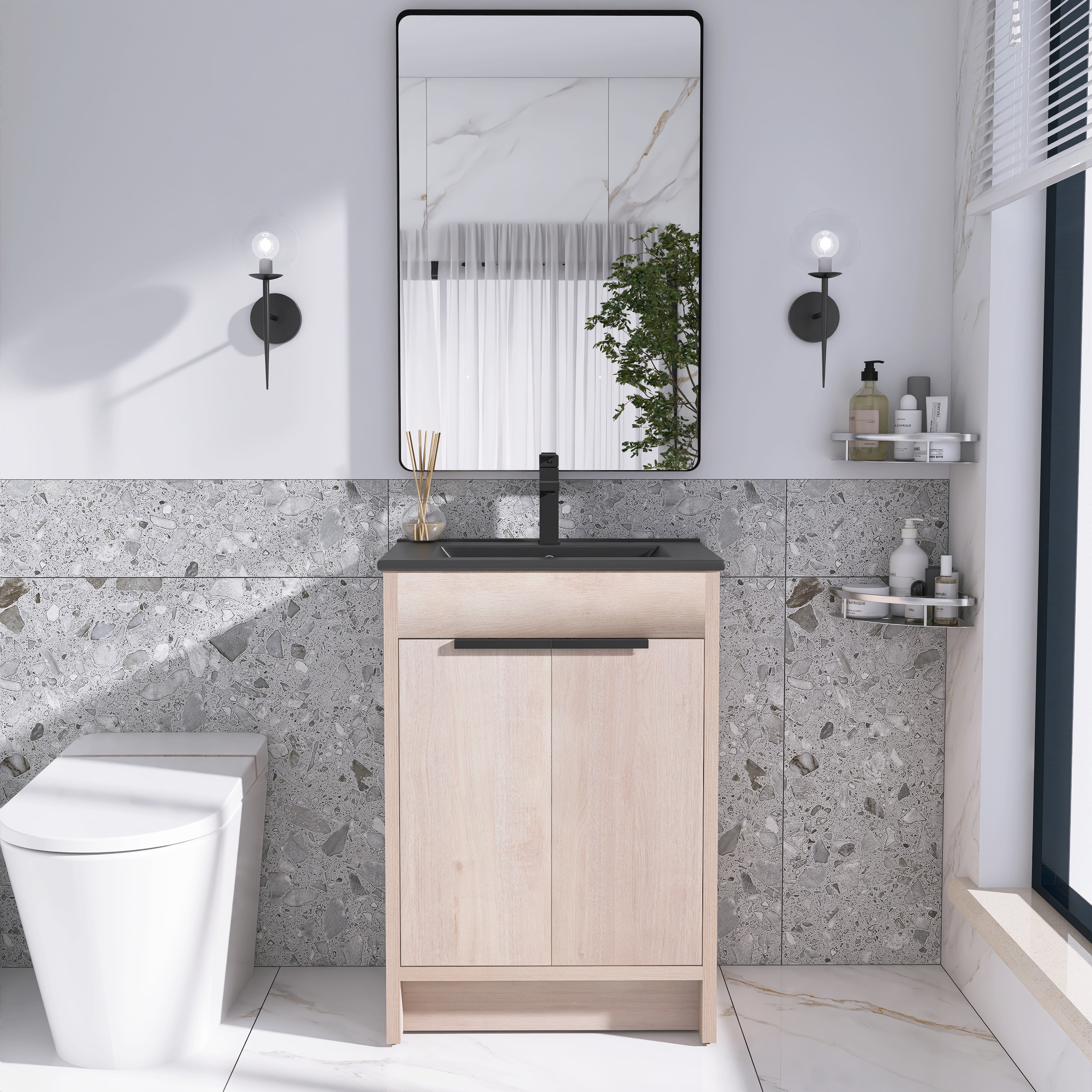 24 in. Freestanding Plywood Bathroom Vanity Set in Plain Light Oak with Integrated Sink